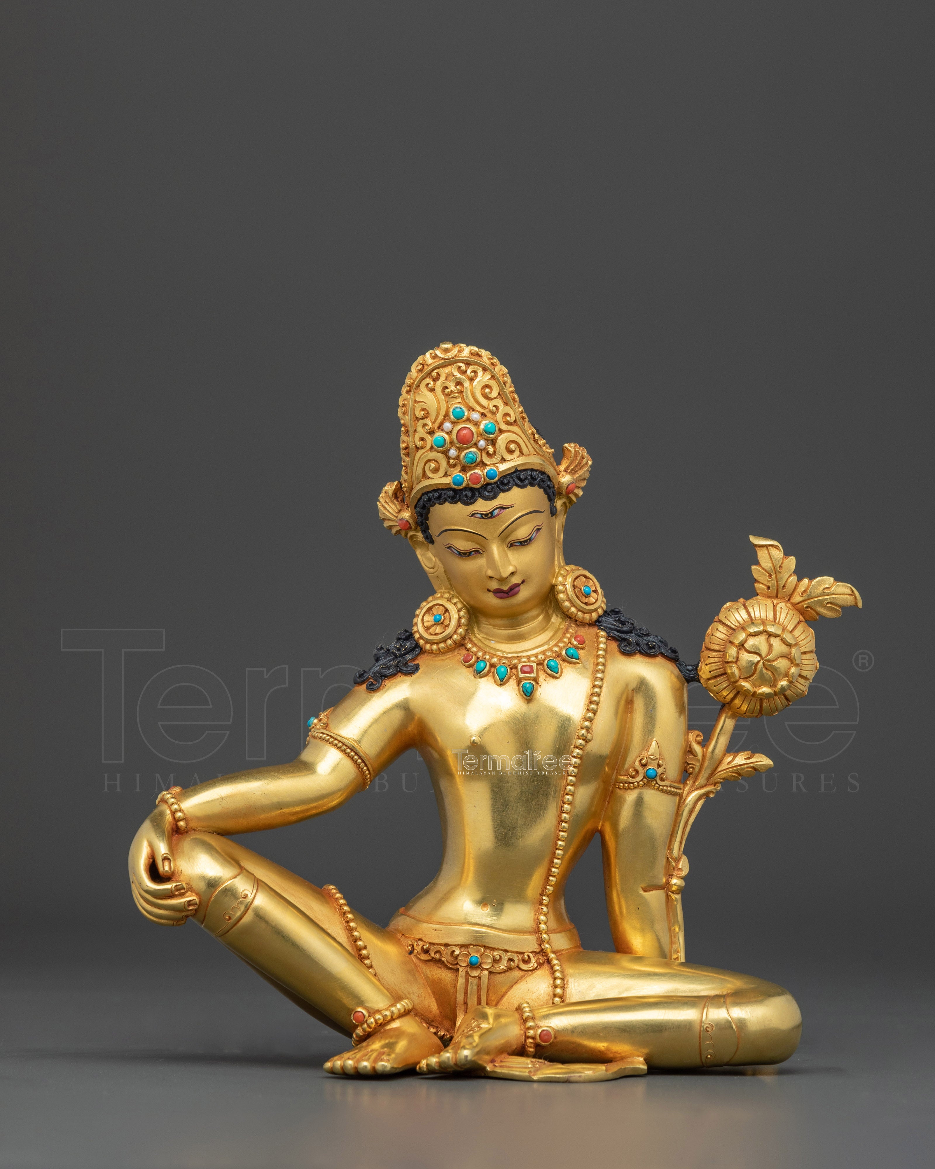 Indra Figurine | 24K Gold Gilded Copper Statue with Gemstones