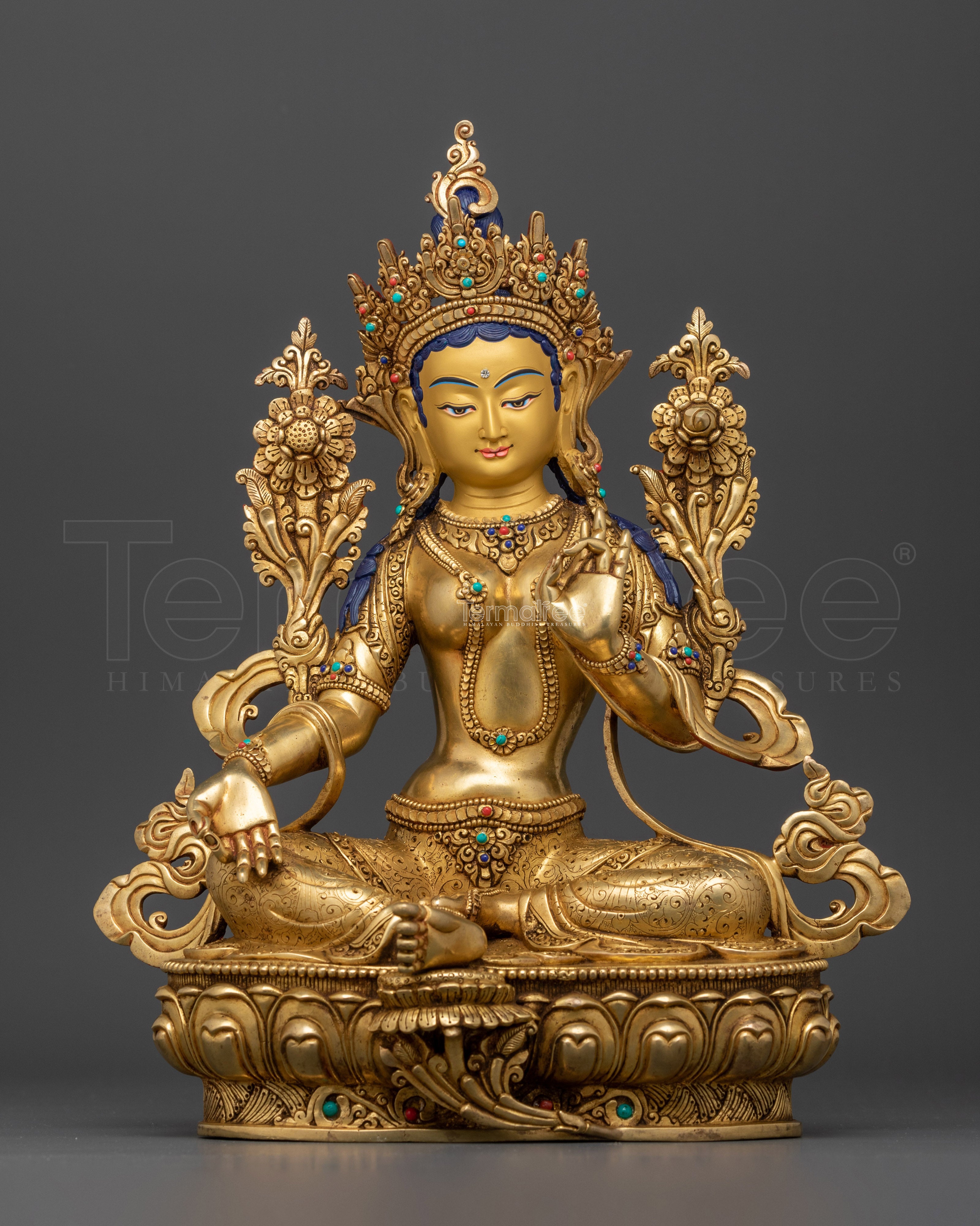 Elegant Green Tara Female Buddha Goddess | 24K Gold Gilded Statue