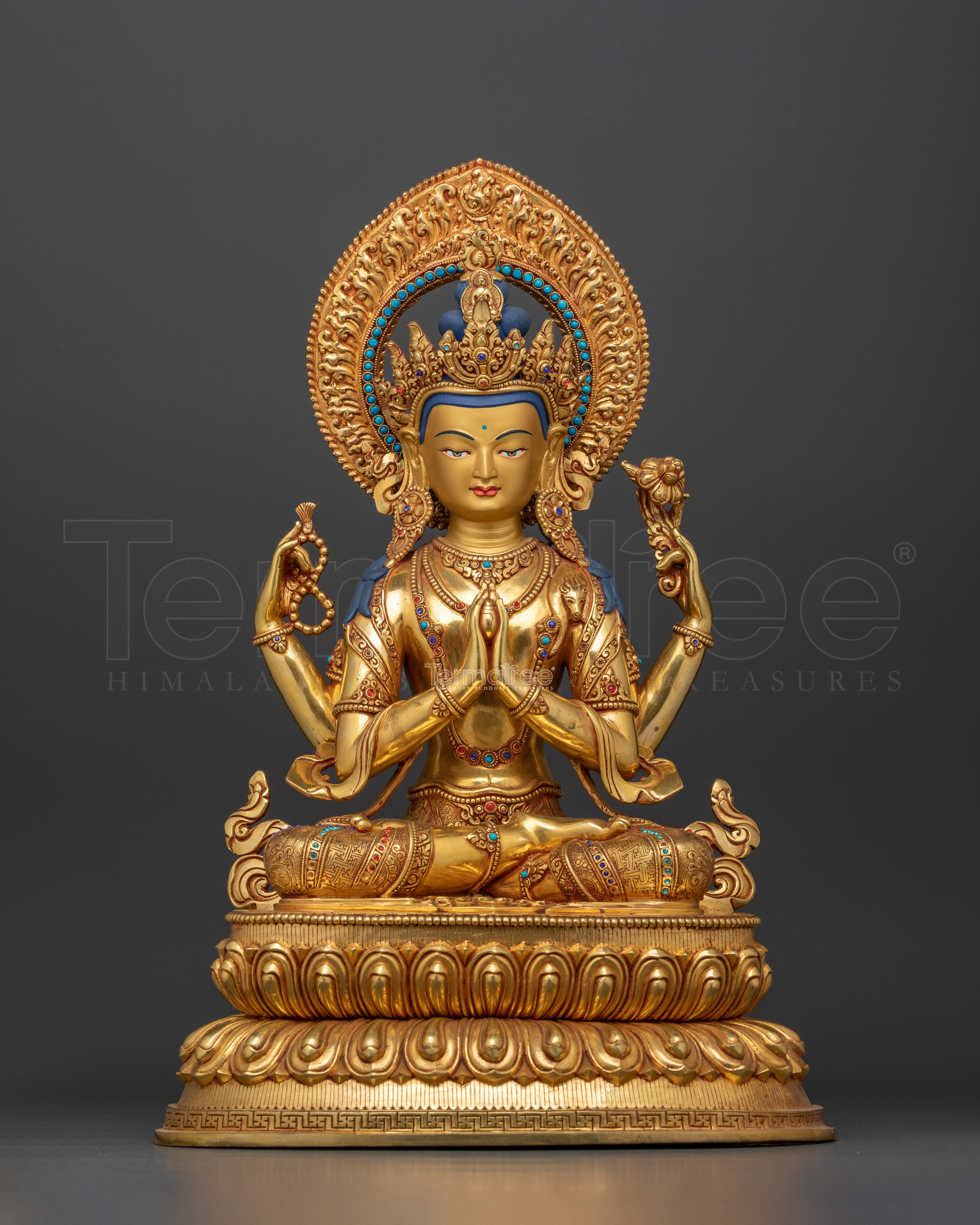 Avalokiteshvara Chenrezig Figurine | Gold-Gilded Compassion Deity | Tibetan Buddhist Art