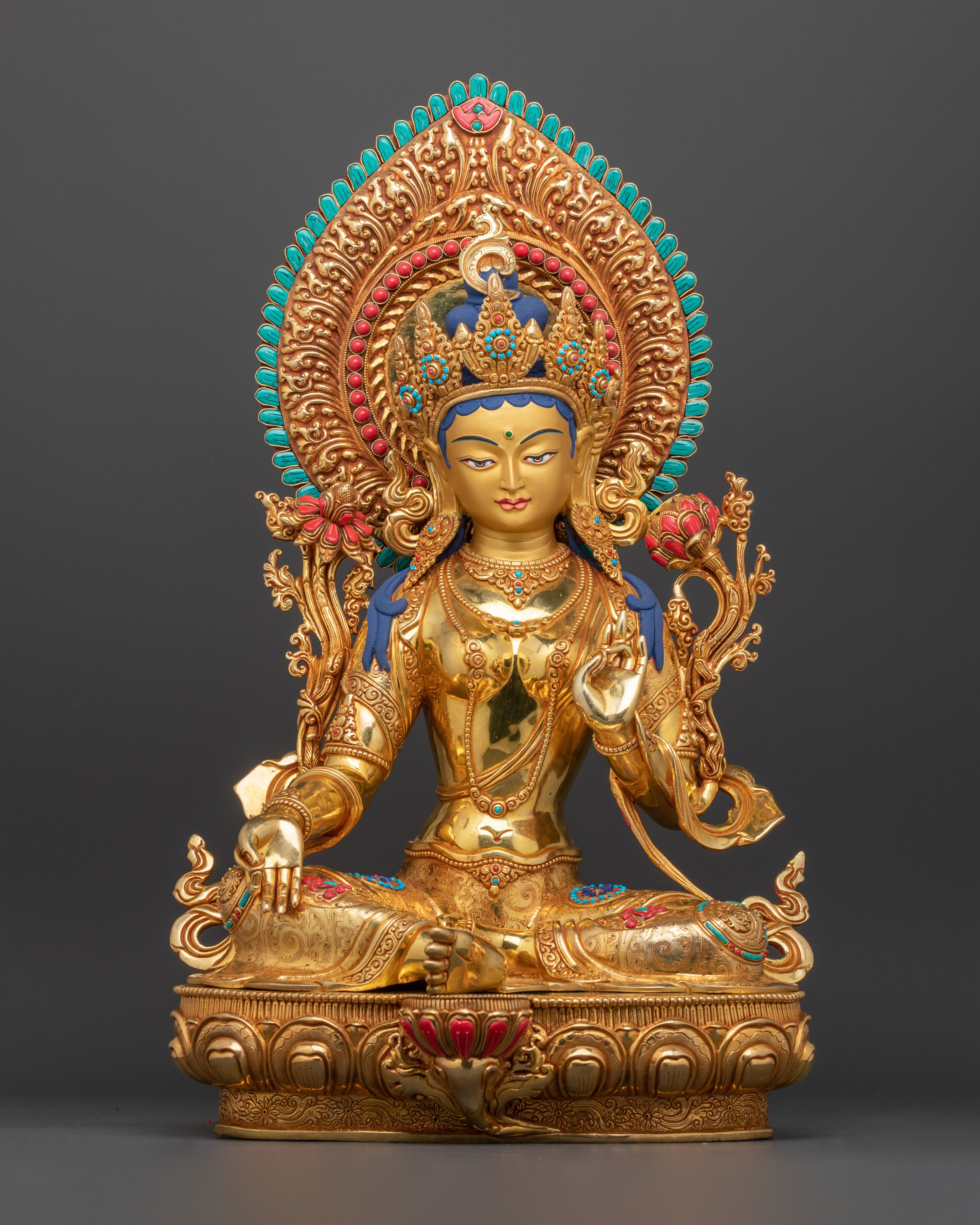 Himalayan Tibetan Green Tara Figure | 24K Gold Gilded Gemstone Copper Statue
