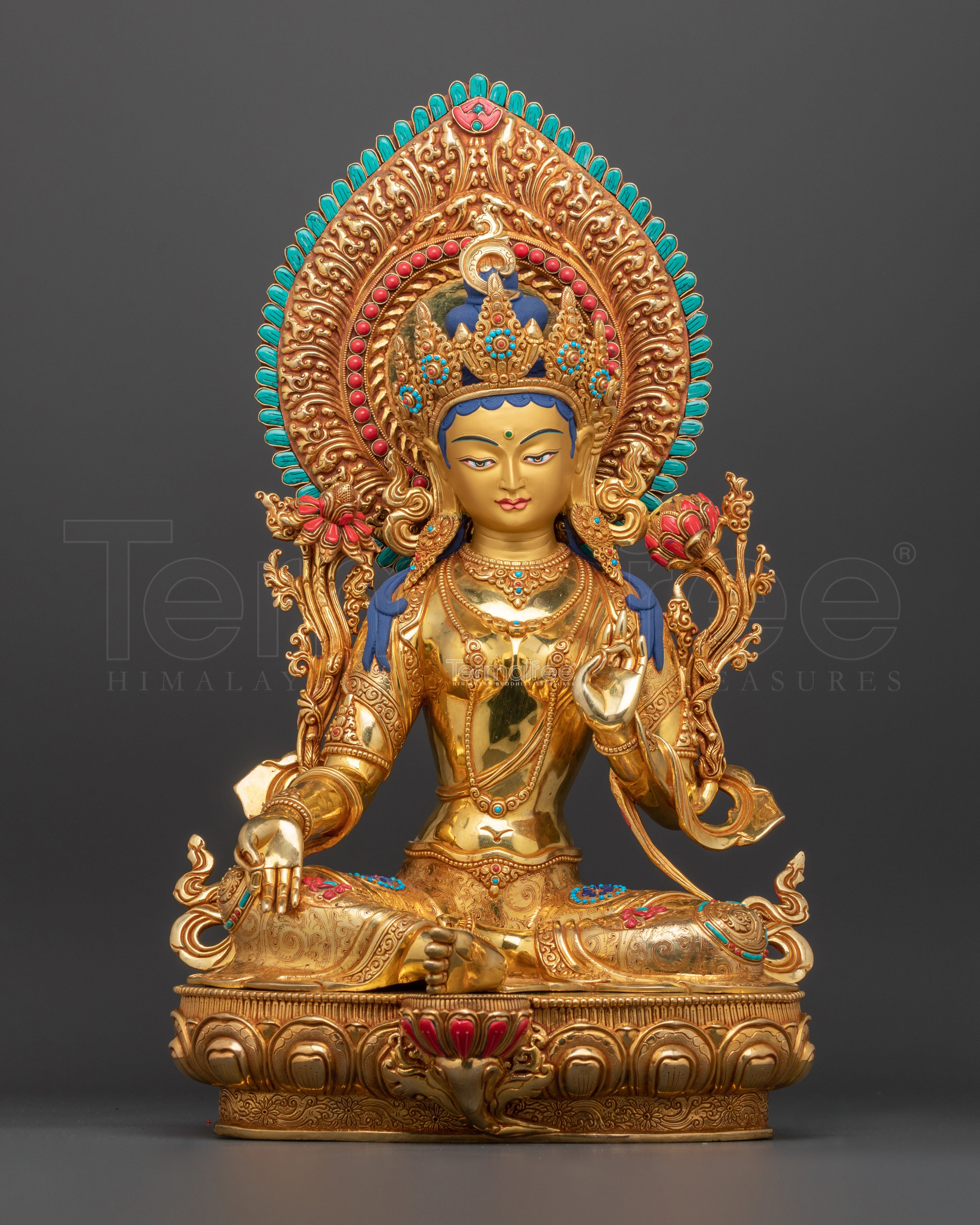 Himalayan Tibetan Green Tara Figure | 24K Gold Gilded Gemstone Copper Statue