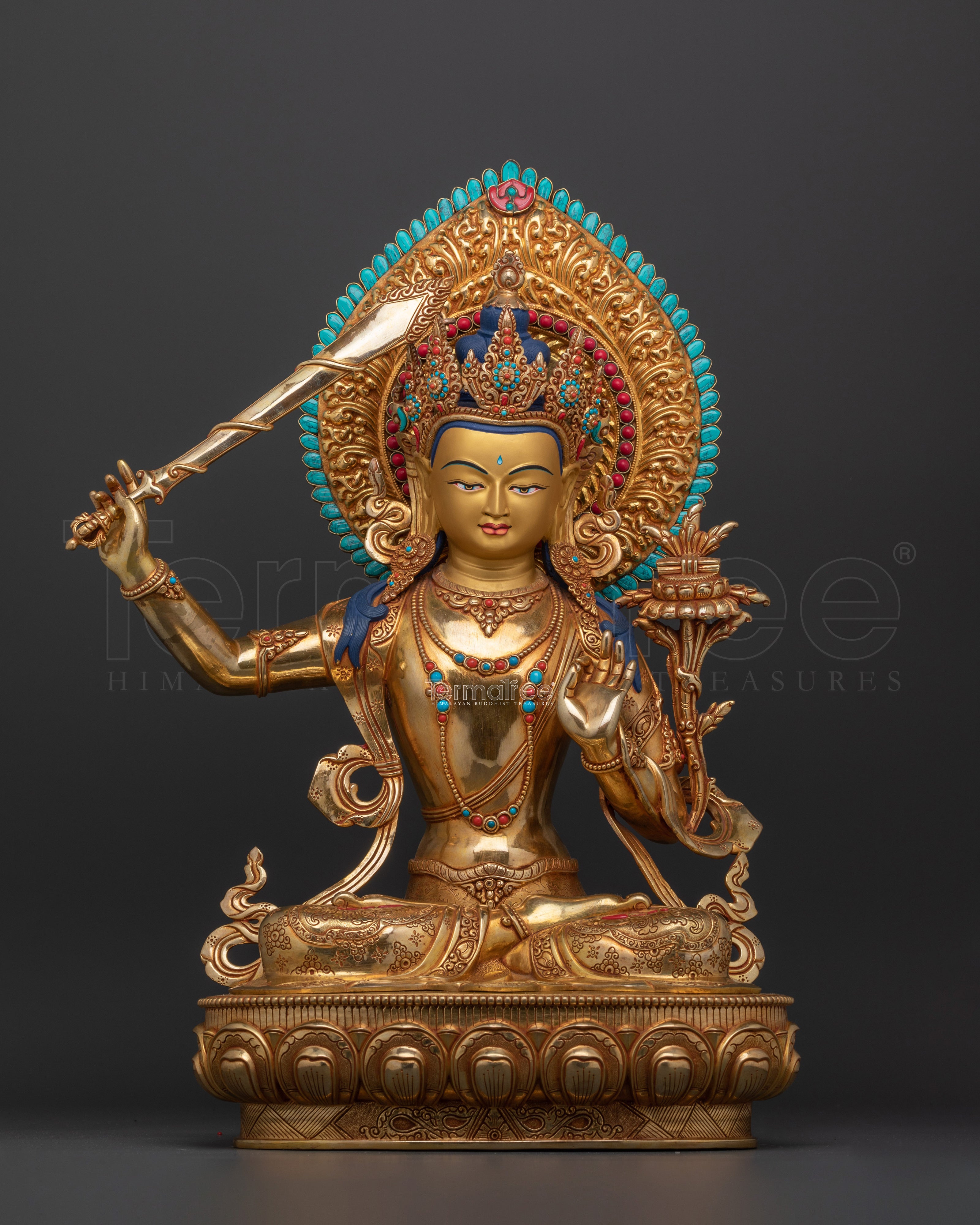 24K Gold Gilded Peaceful Manjushri Figure | Enlightened Wisdom Deity