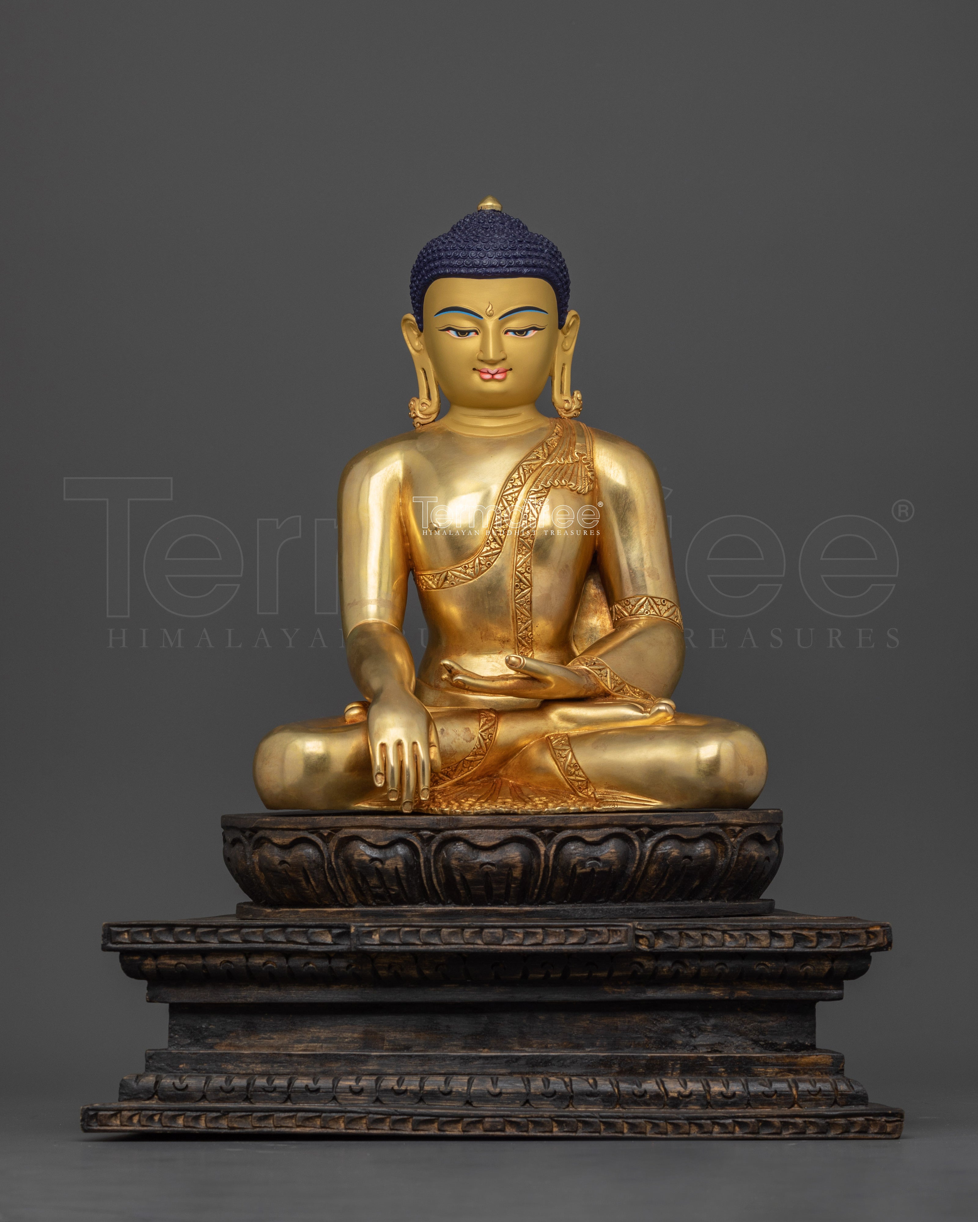 Tibetan Shakyamuni Buddha | 24K Gold Gilded Copper Statue with Wooden Base