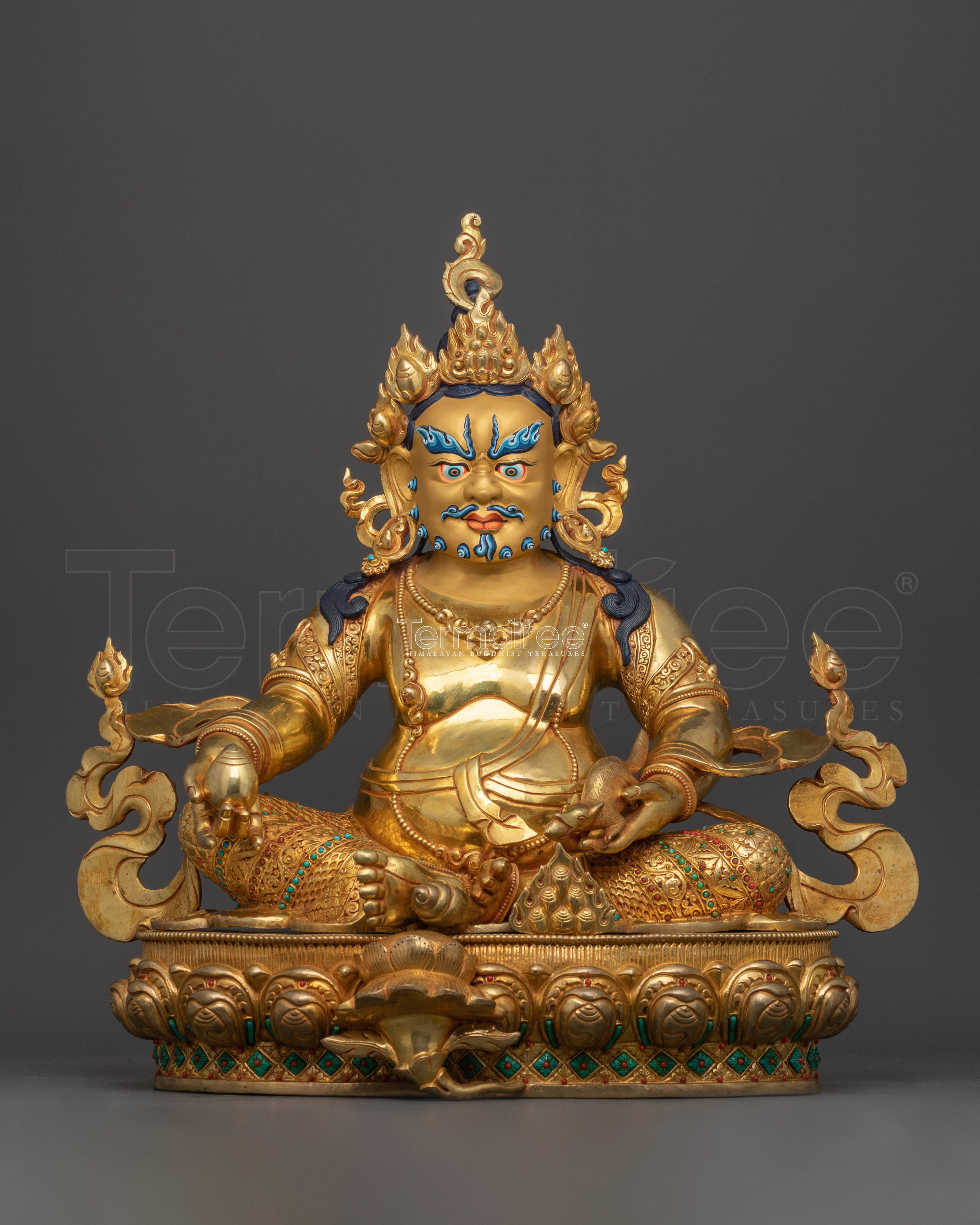Fortune Deity Dzambhala Figurine | 24K Gold Gilded Tibetan Wealth Deity Statue
