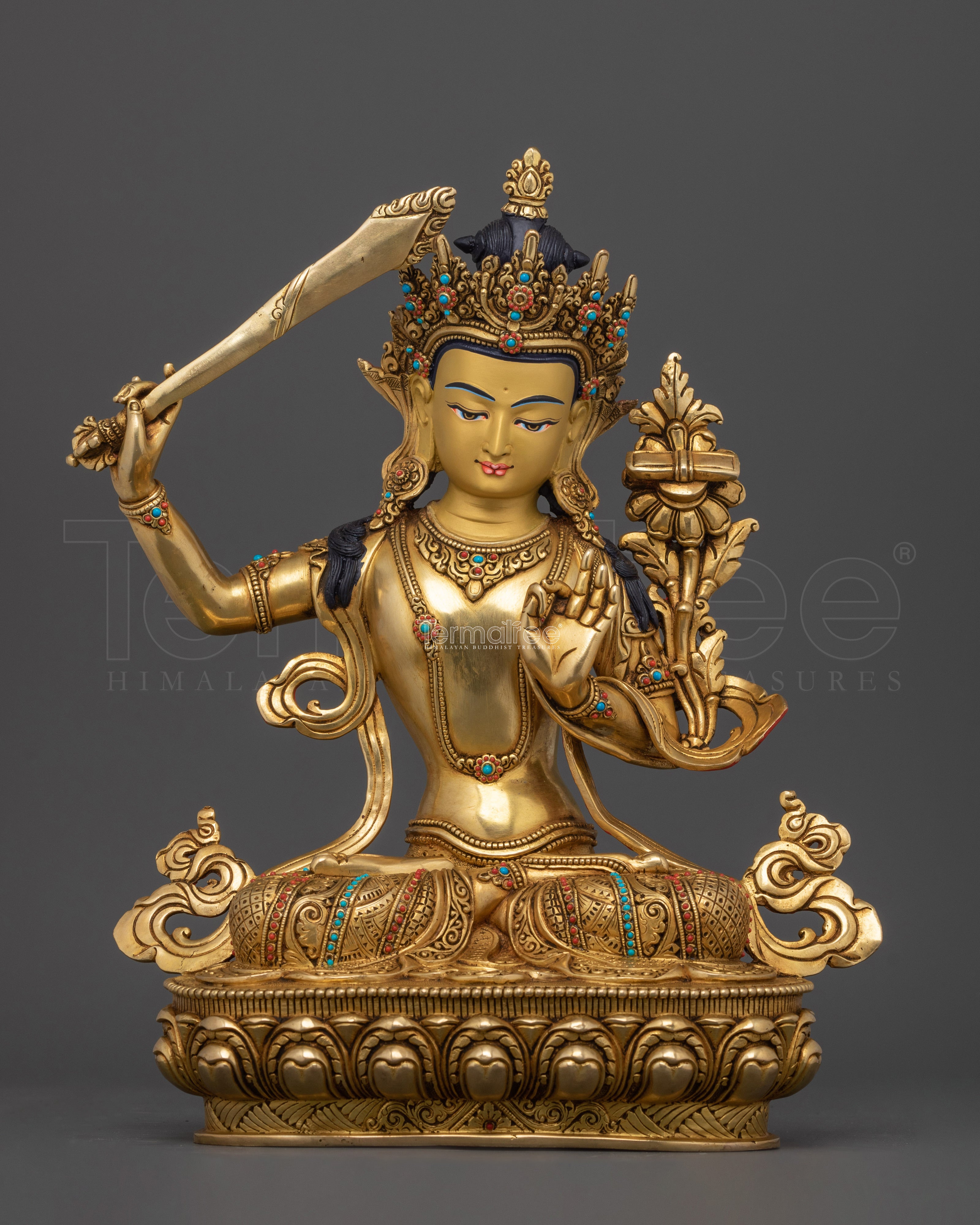 Statue of Manjushri Bodhisattva | 24K Gold Gilded Copper Art