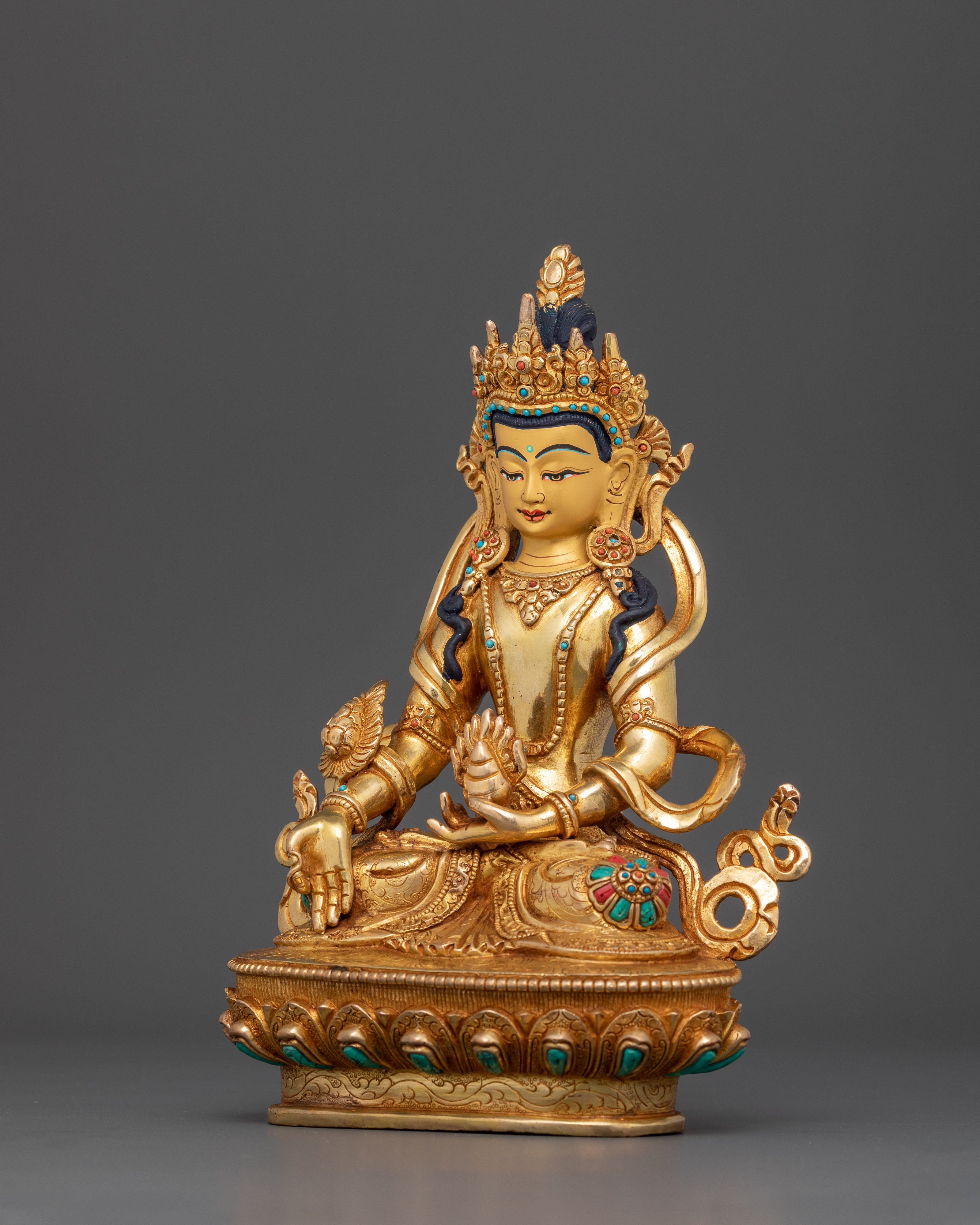 Hand-Carved Kshitigarbha Lord of the Underworld Statue | 24K Gold Gilded Tibetan Sculpture