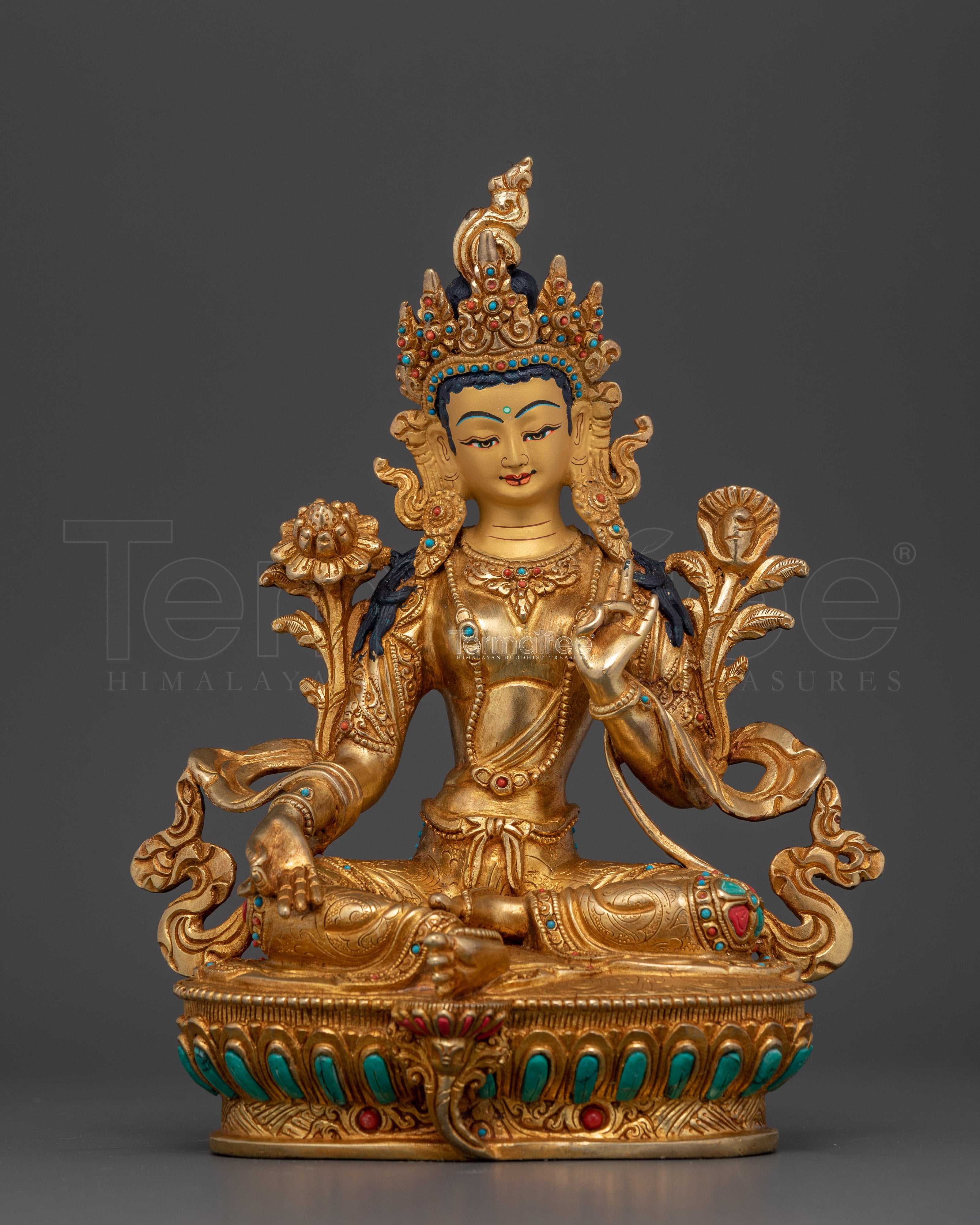 Buddha Compassionate Green Tara | 24K Gold Gilded with Hand Carved Gemstones