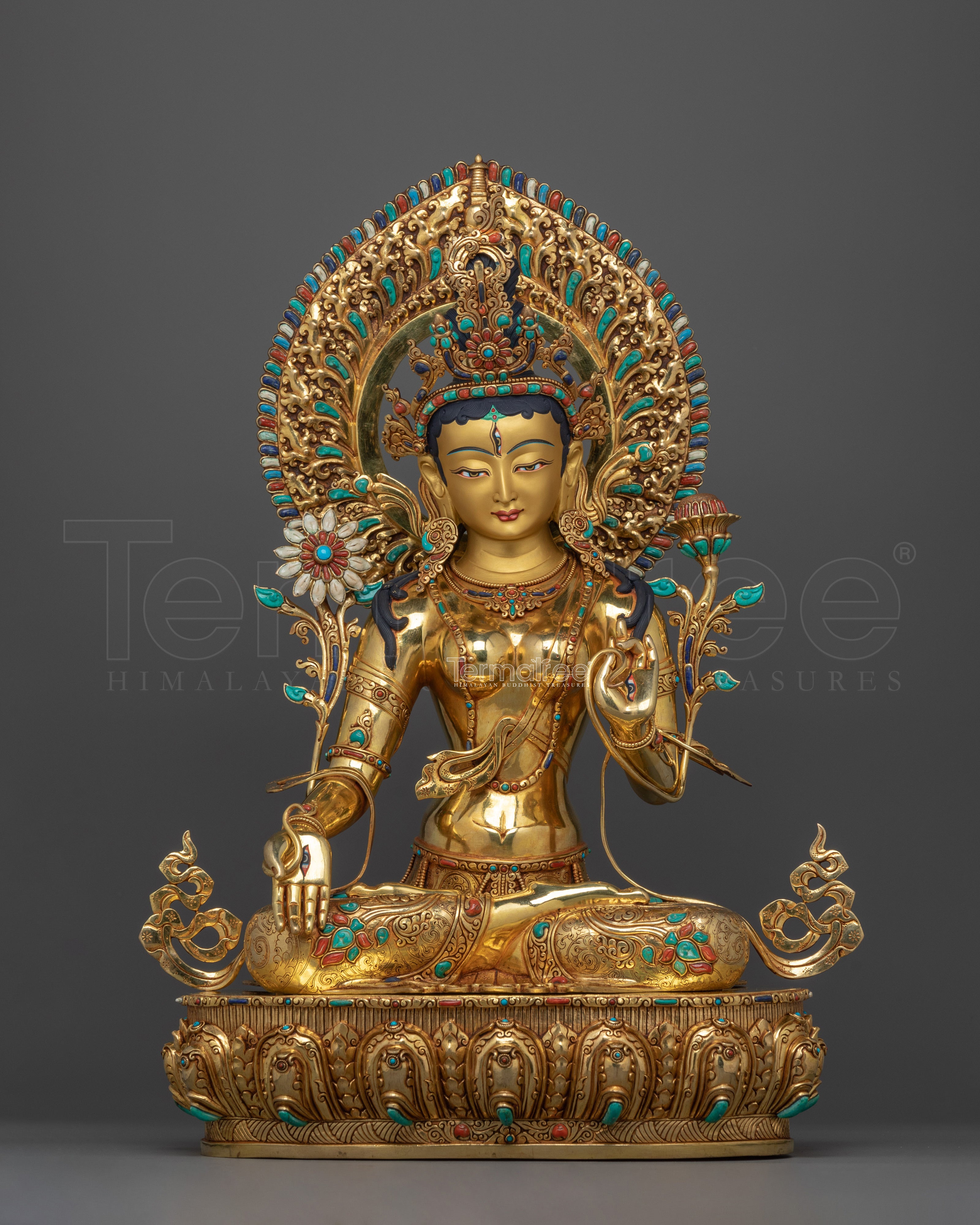 Hand-Carved White Tara Dharma Figure | 24K Gold Gilded Tibetan Sculpture
