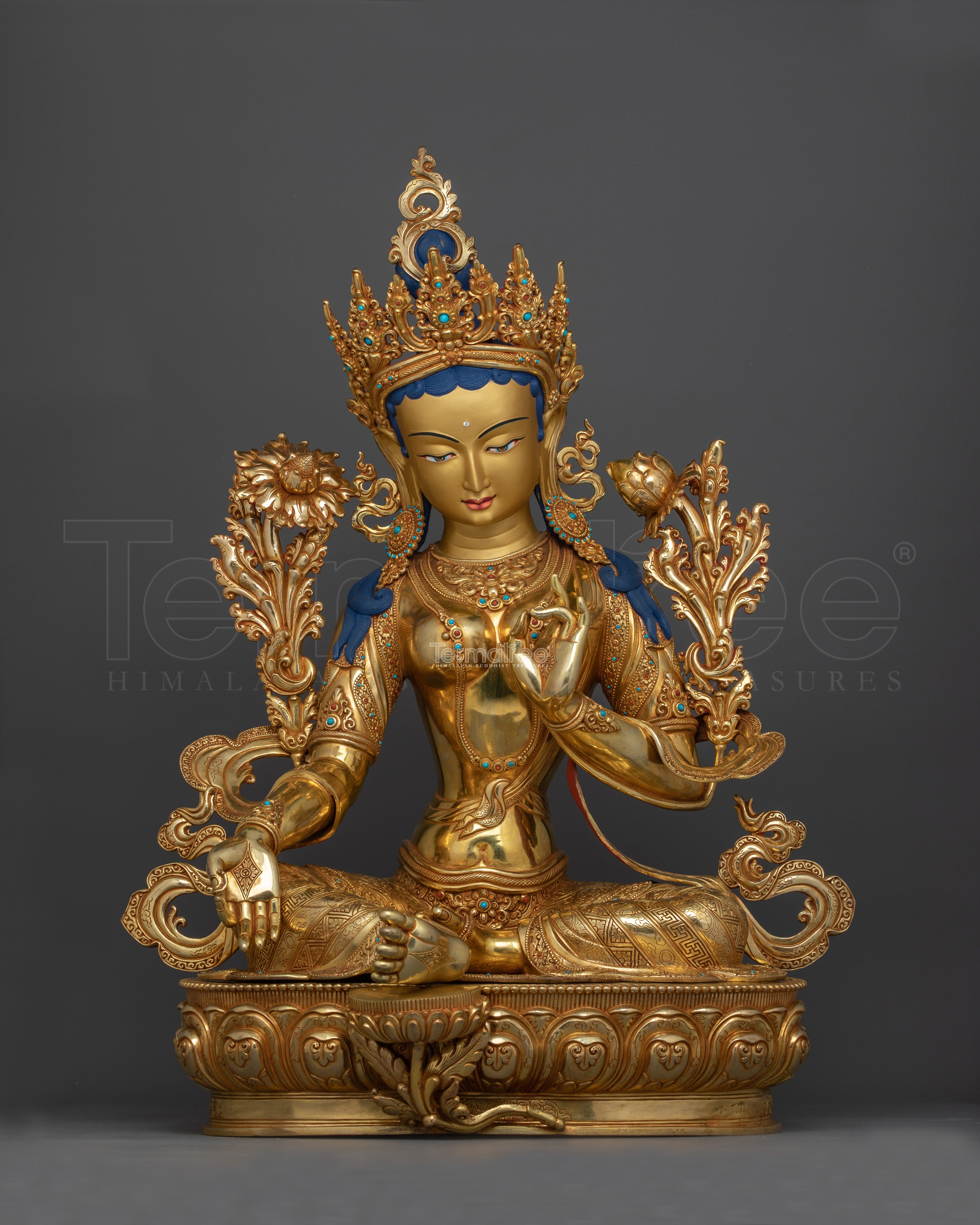 24K Gold Spiritual Healing Green Tara Statue | Tibetan Spiritual Artwork