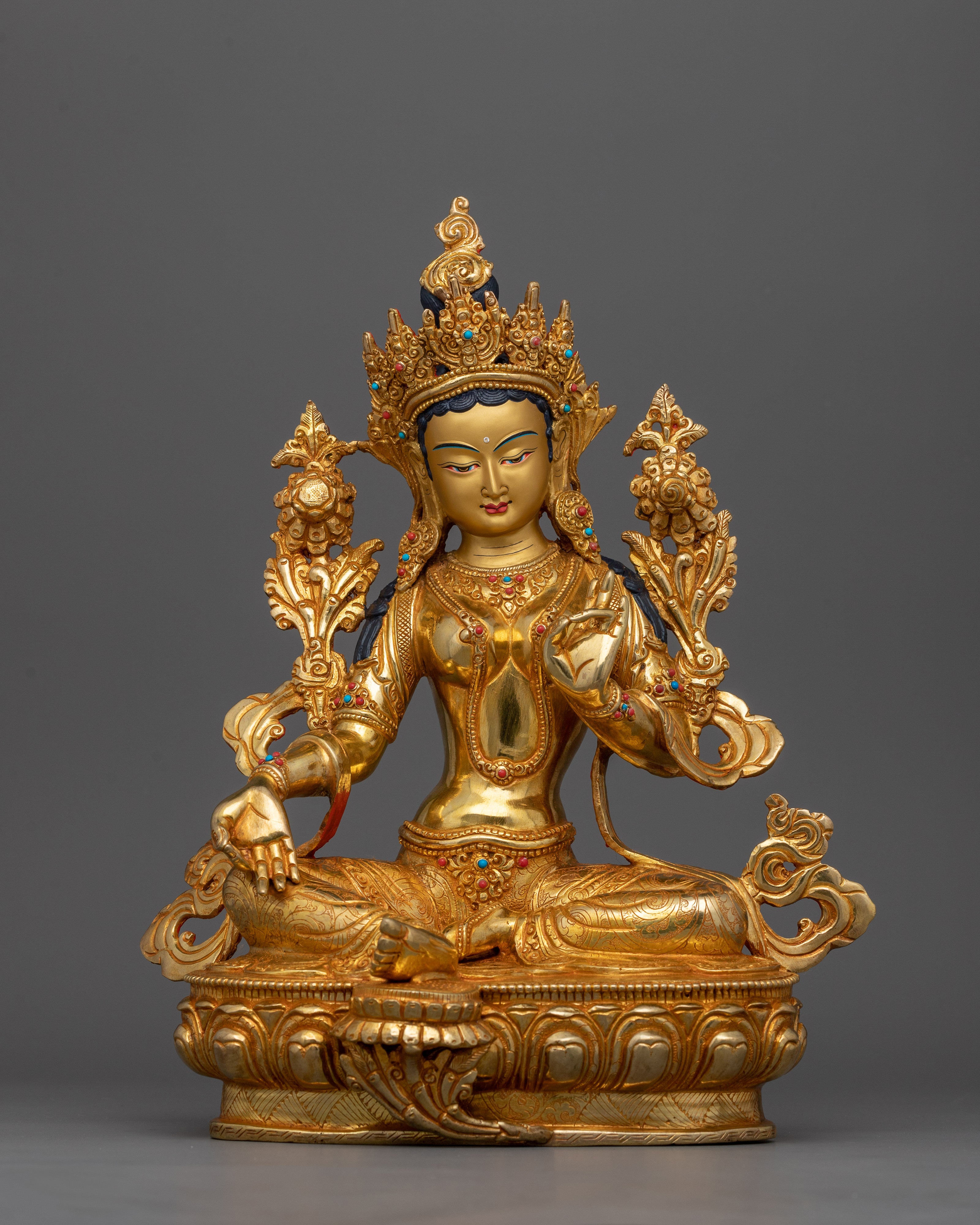 Tibetan Green Tara Buddha Statue | 24K Gold Gilded Artwork