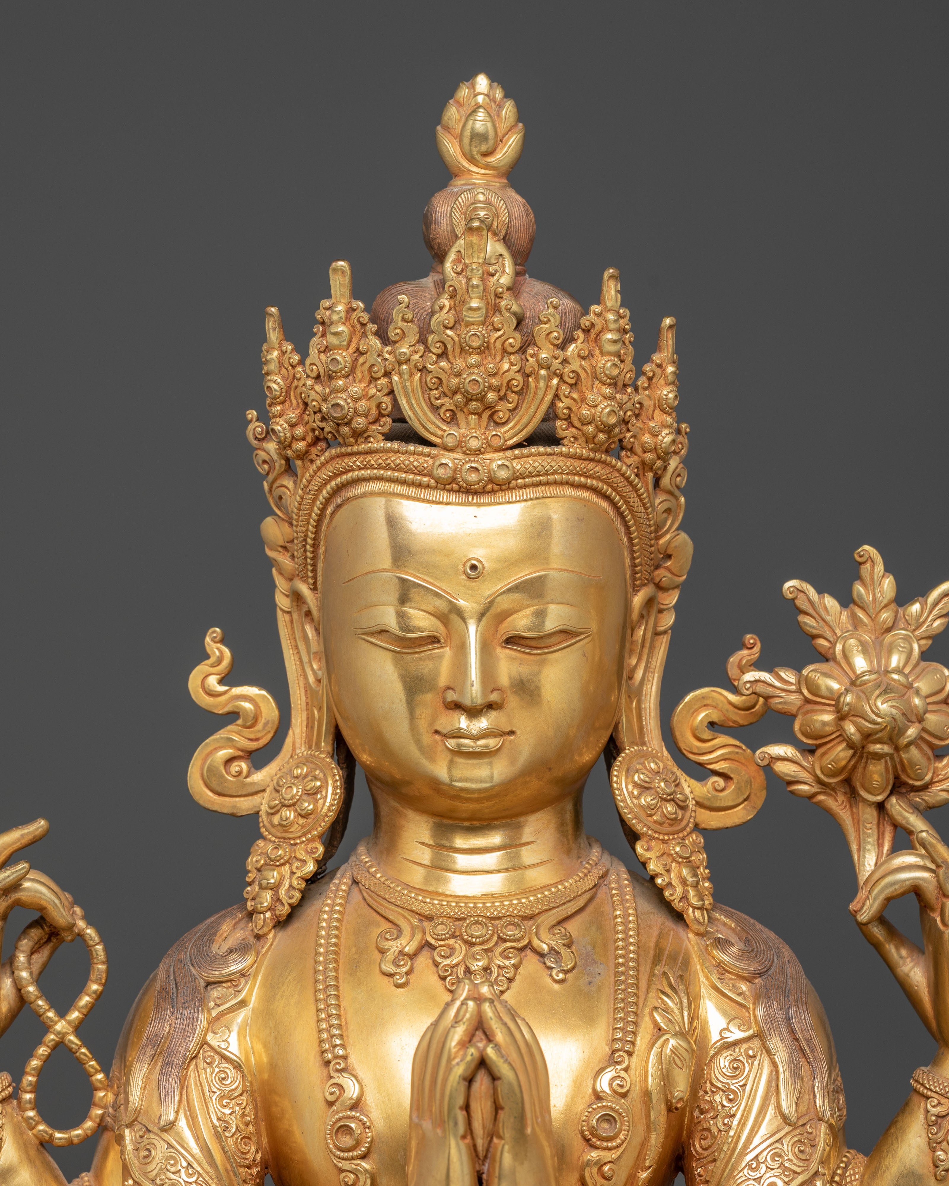 Golden Figurine Of Bodhisattva Chenrezig For Meditation | Tibetan Buddhism
