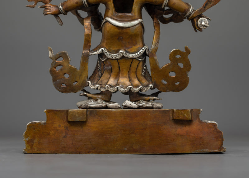 Hand-Carved Oxidized White Mahakala Statue | Silver-Plated Tibetan Sculpture