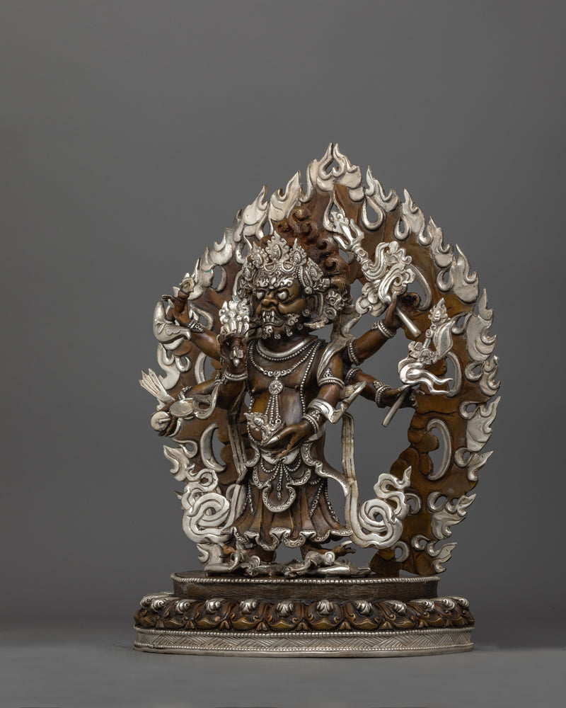 Hand-Carved Oxidized White Mahakala Statue | Silver-Plated Tibetan Sculpture