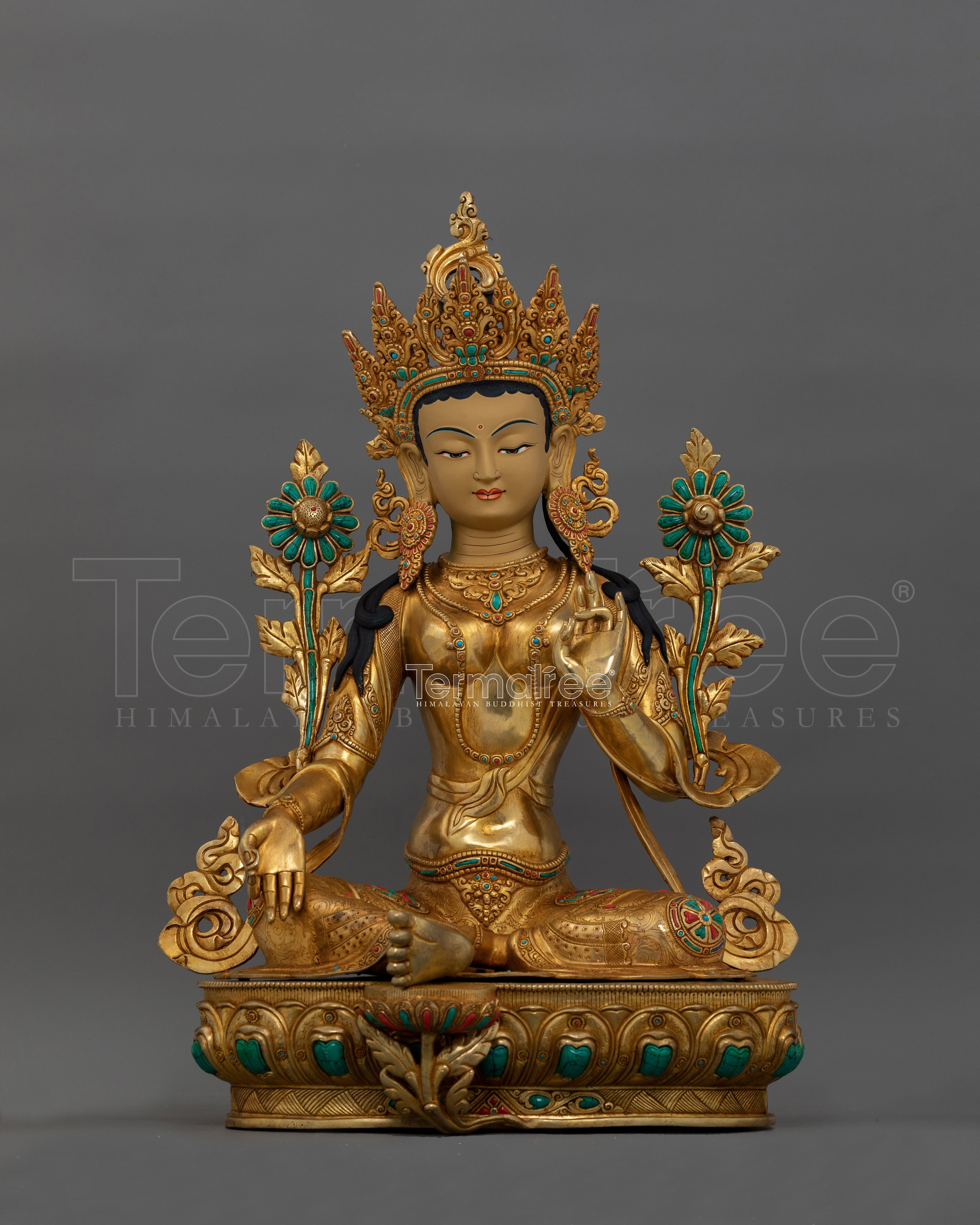 24K Gold Gilded Green Tara Tibetan Goddess | Compassionate Buddha