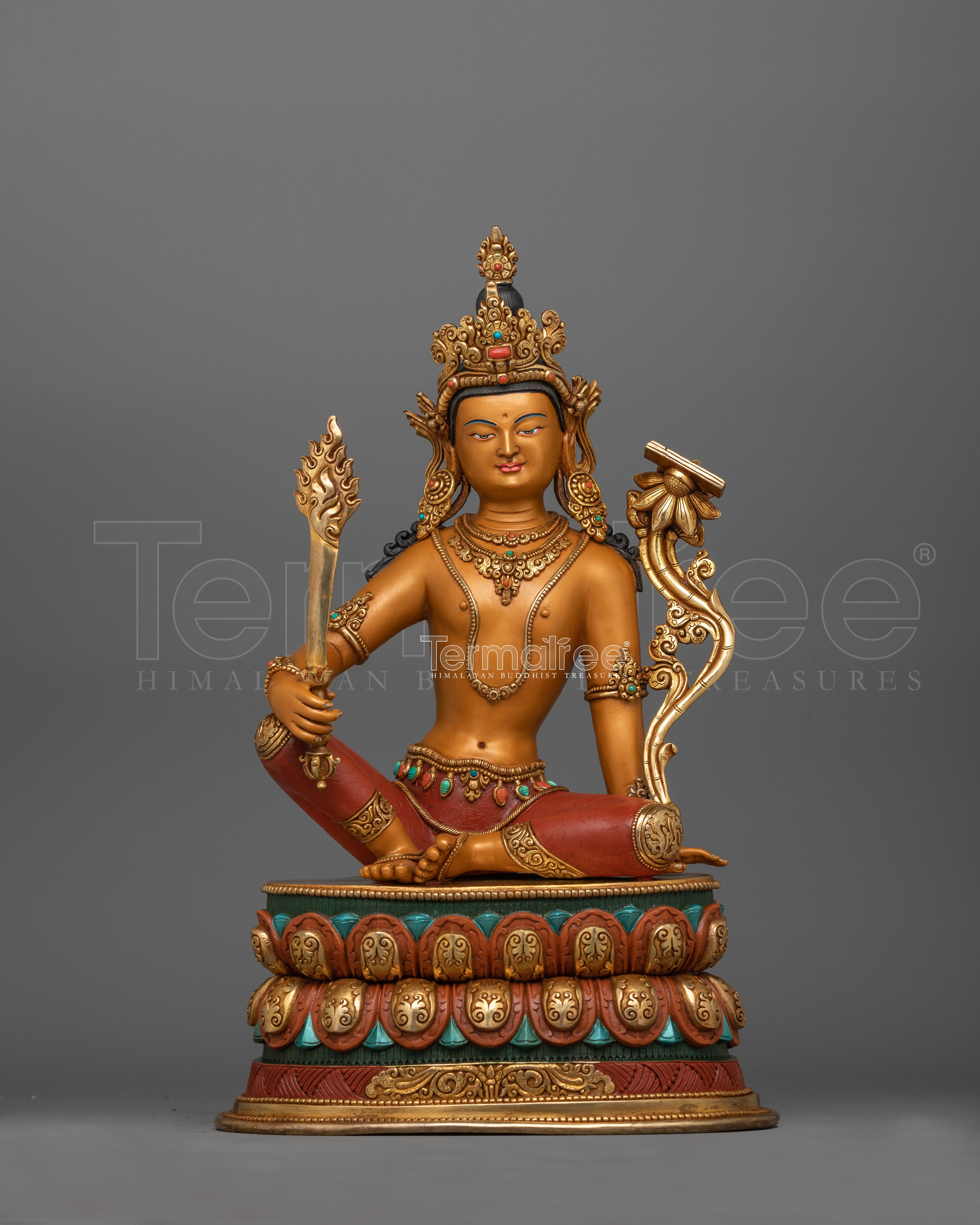 Tibetan Manjushri Deity of Knowledge Statue | 24K Gold Gilded  Sculpture