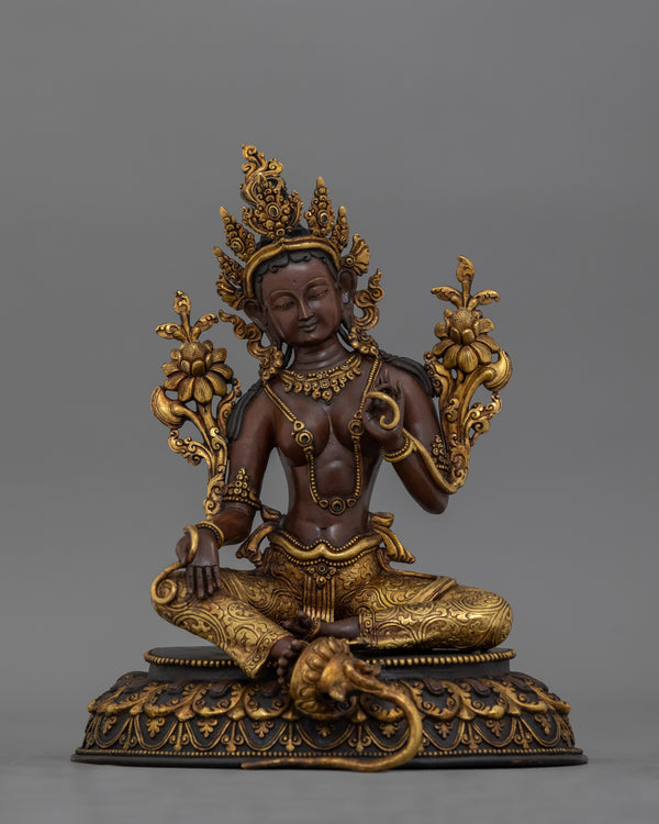 Green Tara Deity Statue in Oxidized Copper