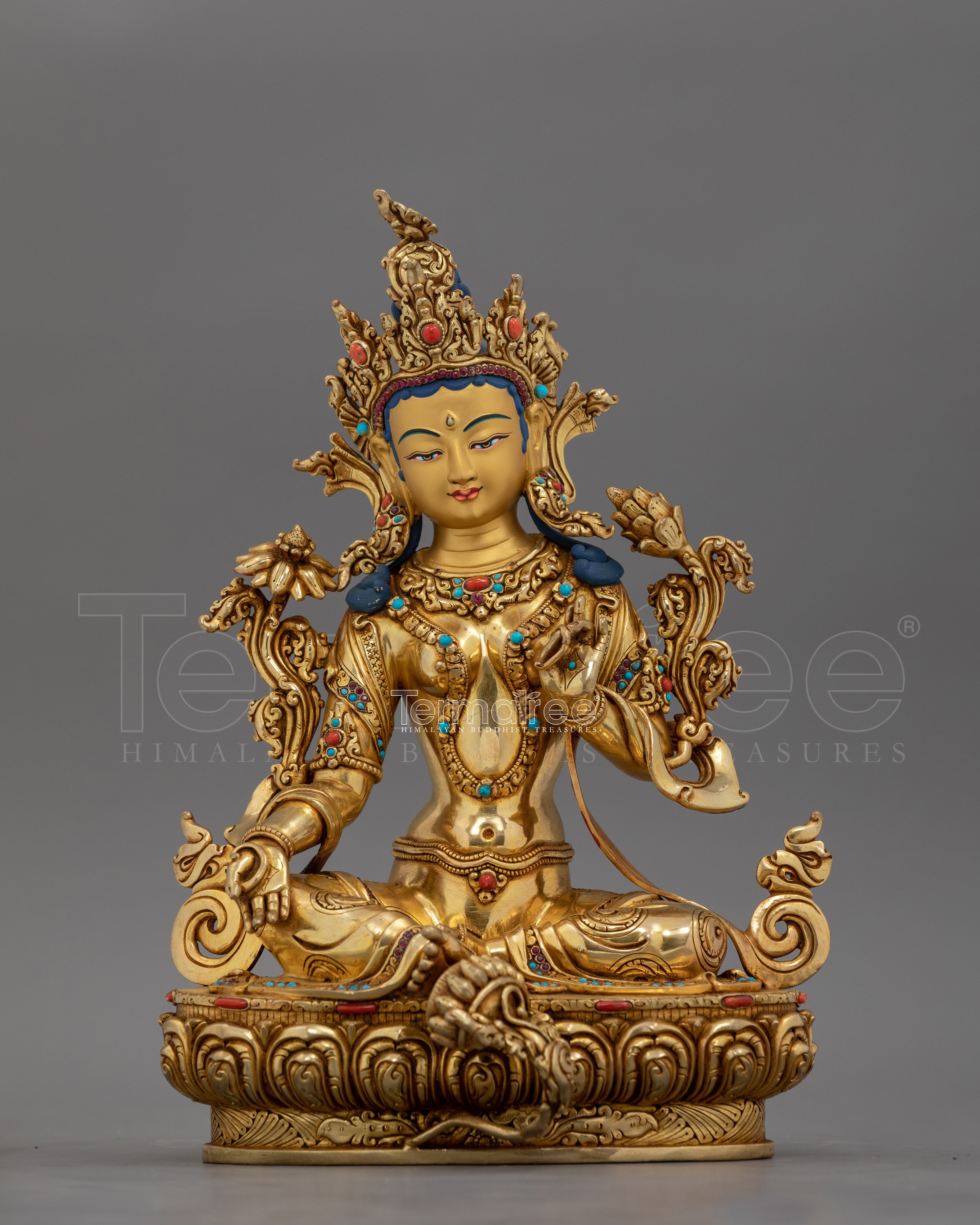 Traditional Hand-carved Green Tara Statue | Compact Spiritual Sculpture for Personal Altar