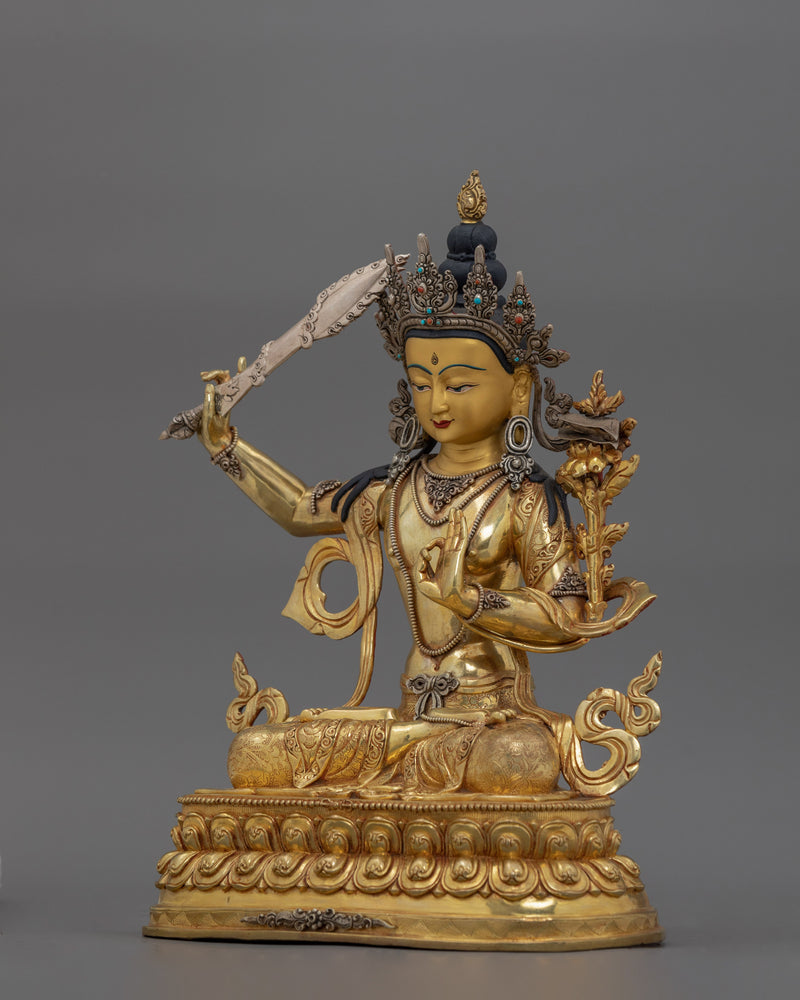 24K Gold Gilded Tibetan Kadampa Manjushri Statue | Wisdom Deity Sculpture