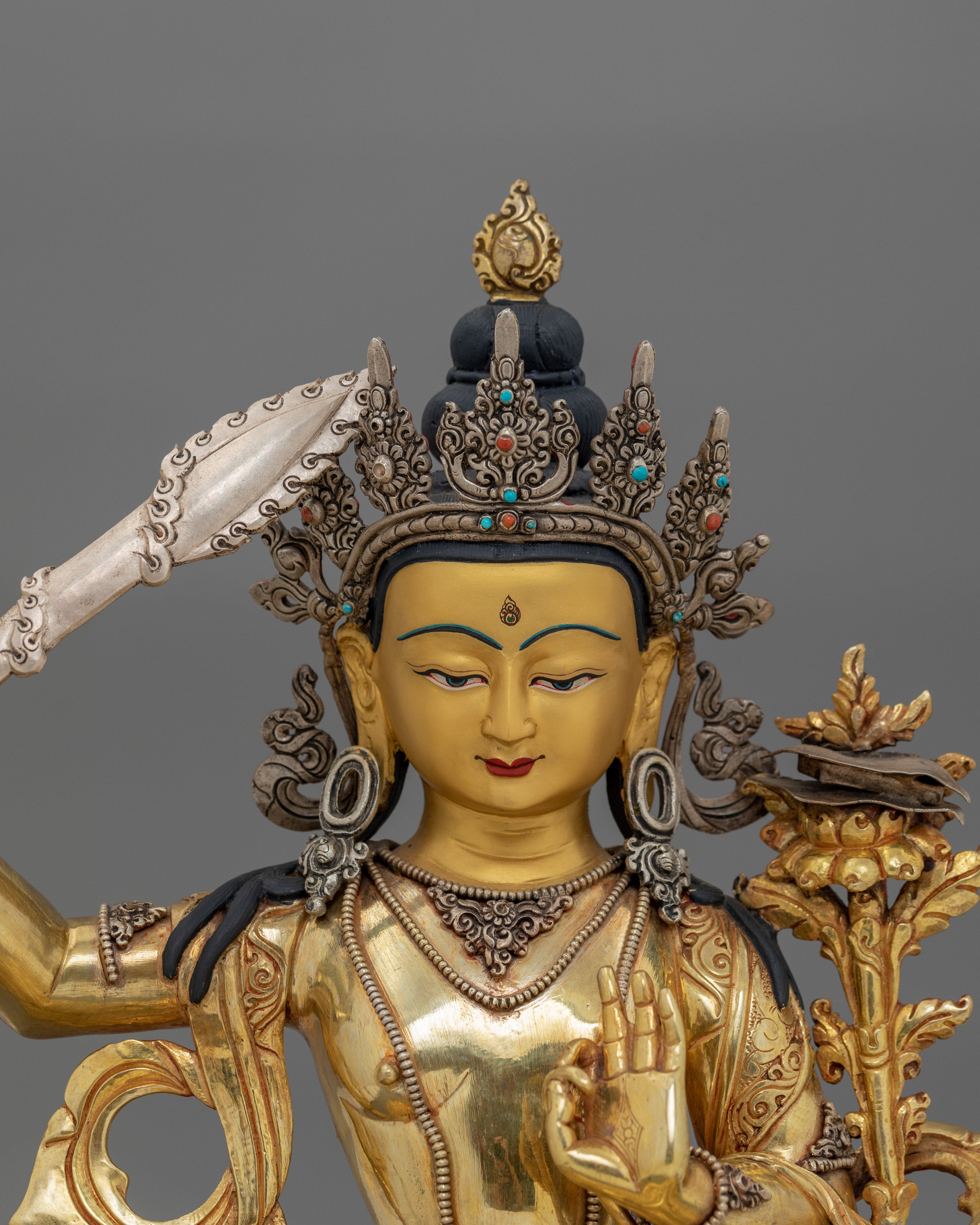 24K Gold Gilded Tibetan Kadampa Manjushri Statue | Wisdom Deity Sculpture