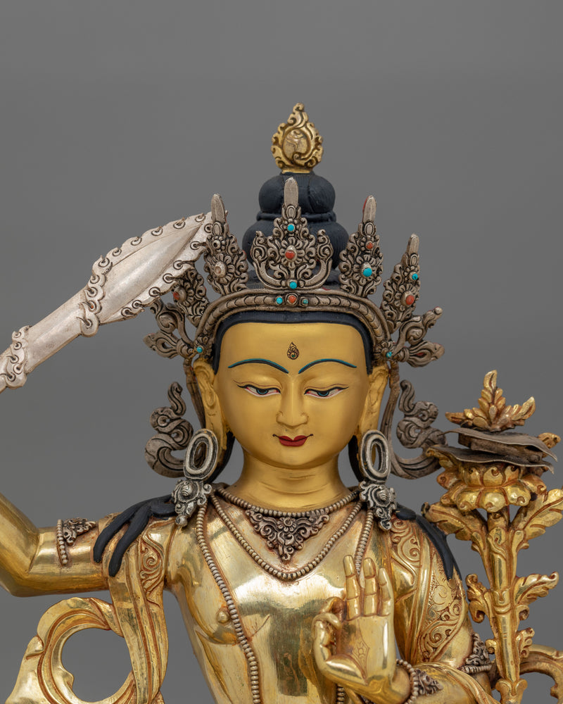 24K Gold Gilded Tibetan Kadampa Manjushri Statue | Wisdom Deity Sculpture