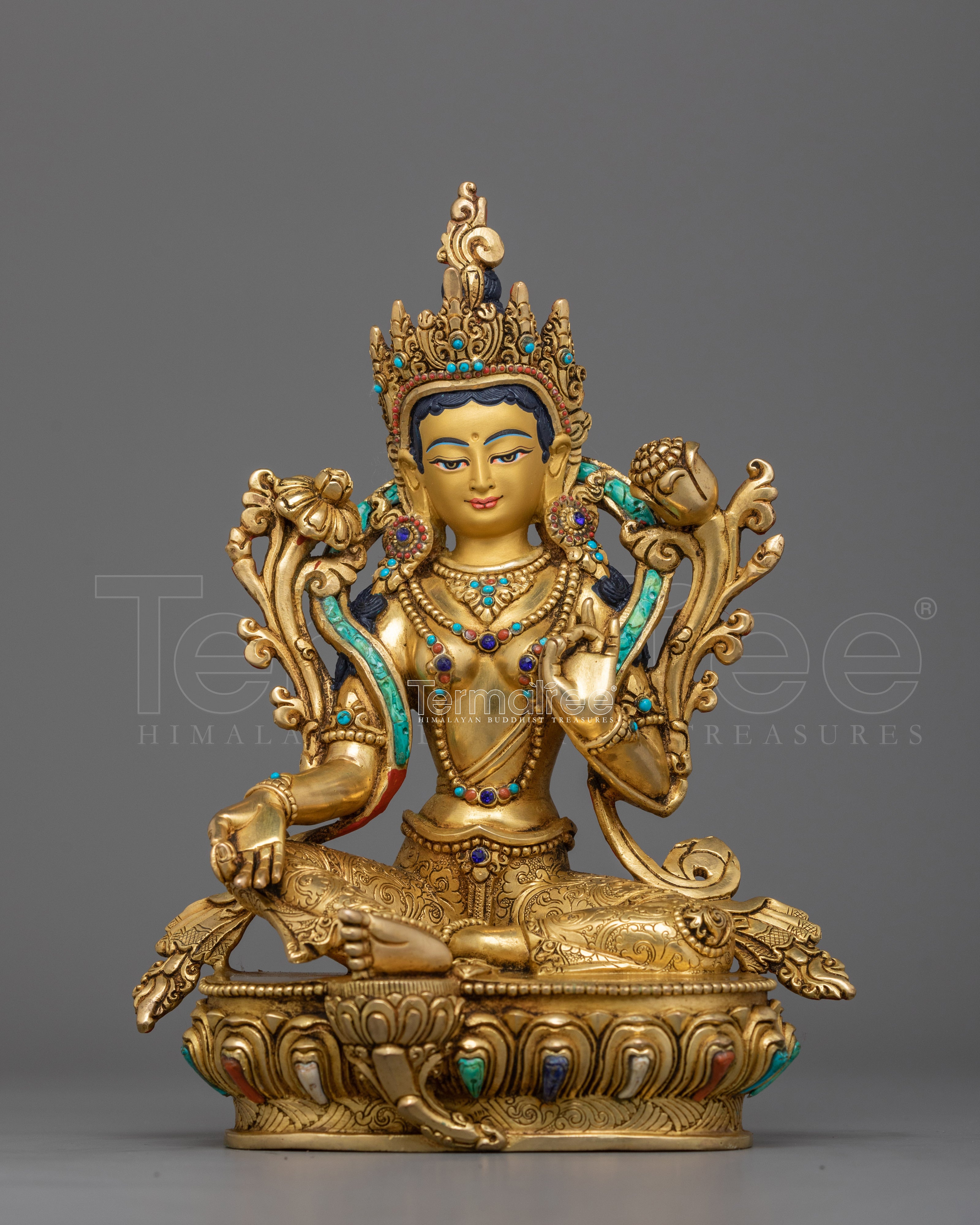 Ritualistic Green Tara Pure Land Statue | 24K Gold Gilded Tibetan Bodhisattva Sculpture