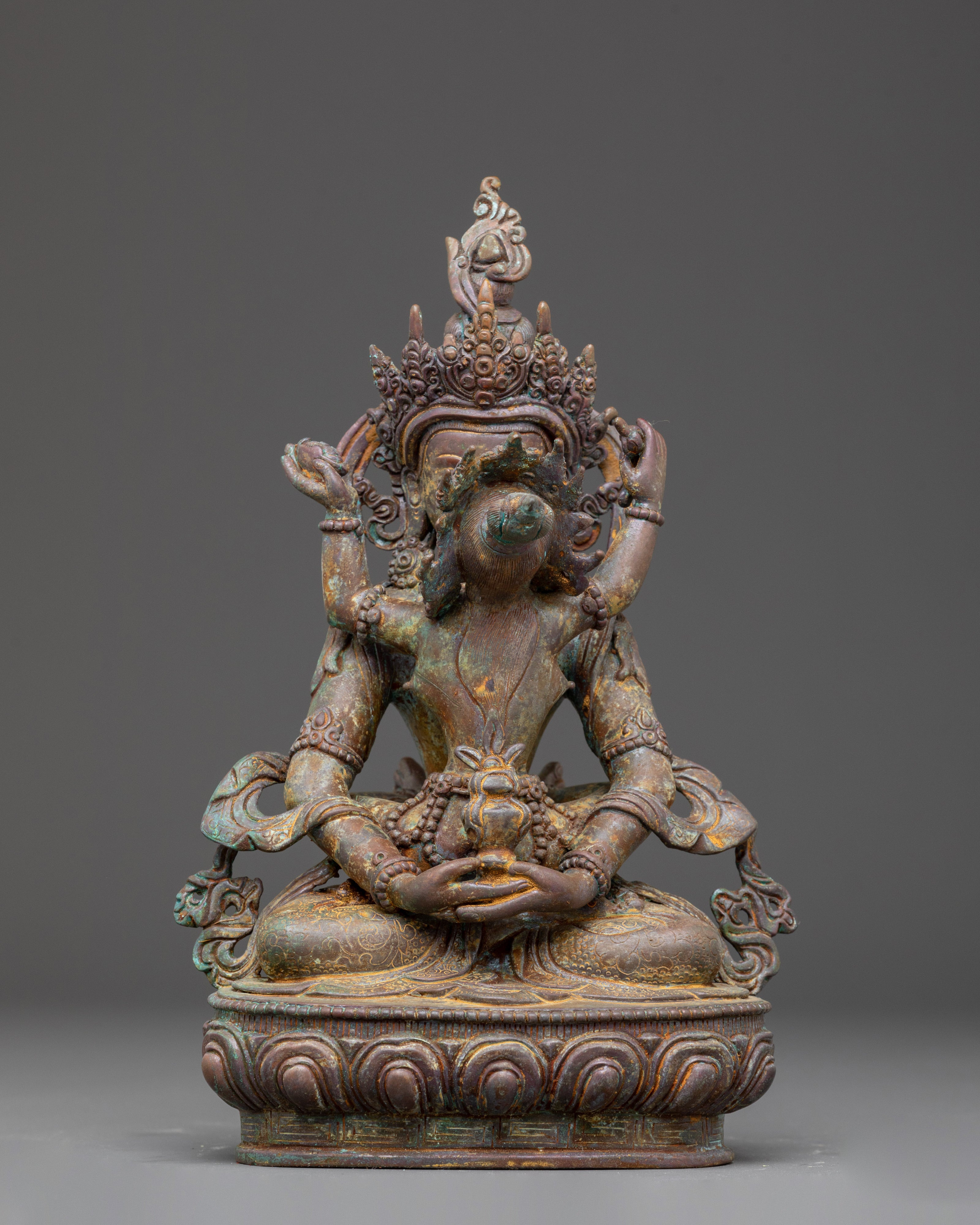 Statue of Buddha Amitayus with Consort | Oxidized Copper Sculpture