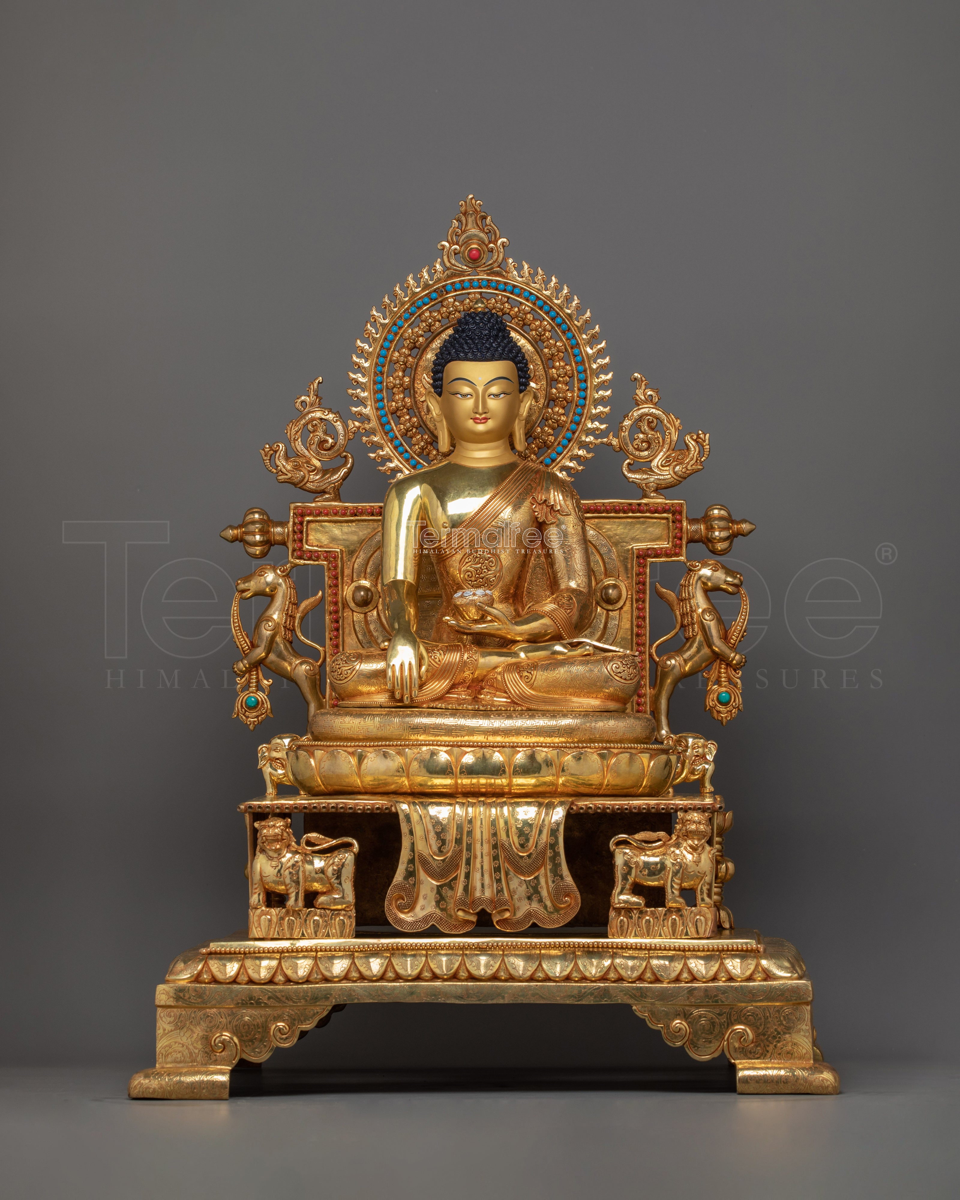 Flawlessly Carved Shakyamuni Buddha with throne Statue | Enlightened Dharma Buddha