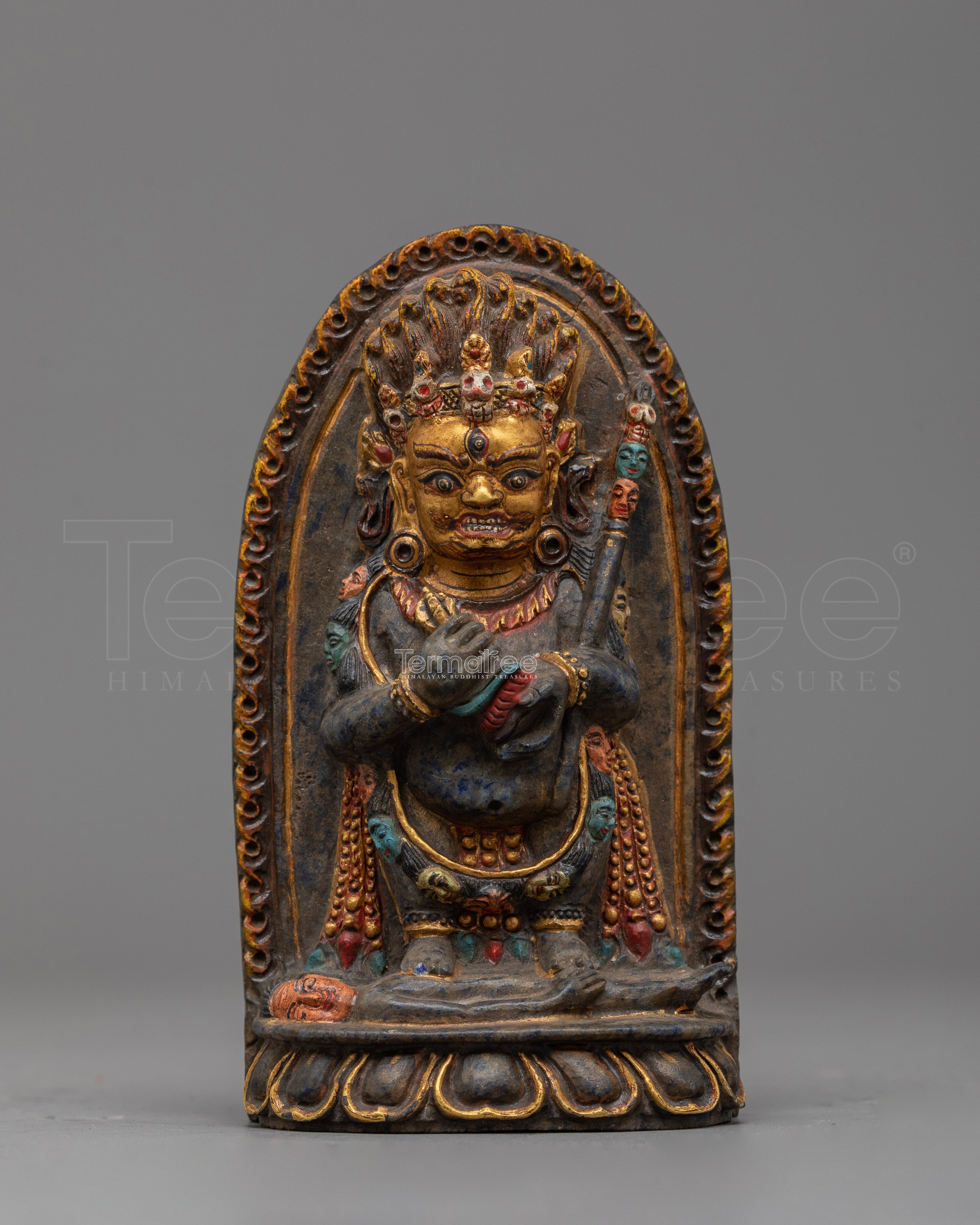 Antique Finished Shakya Mahakala Statue | Lapis Stone Body with Antique Finish