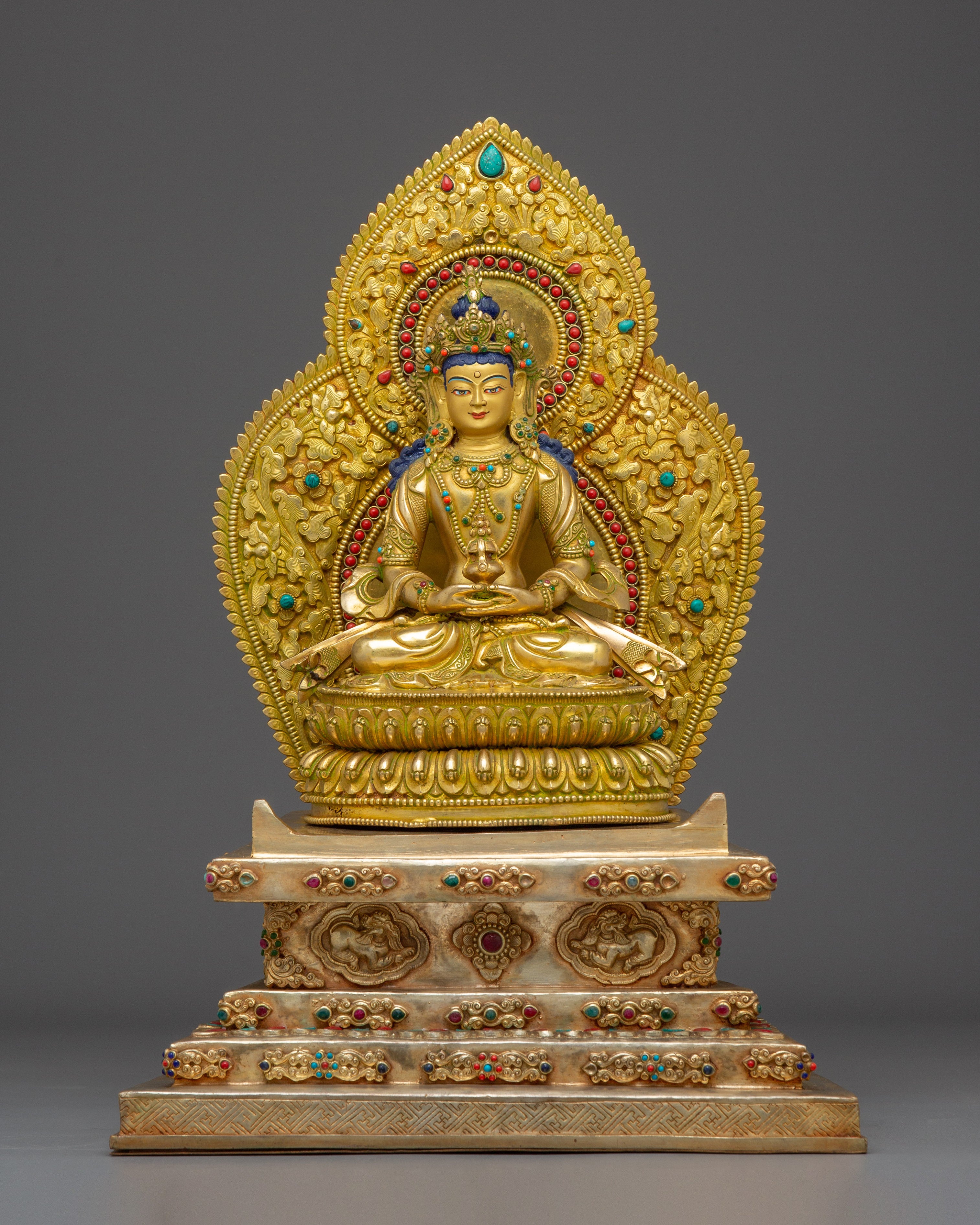 Statue Of Amitayus With Throne: Tibetan Buddhist Longevity Deity