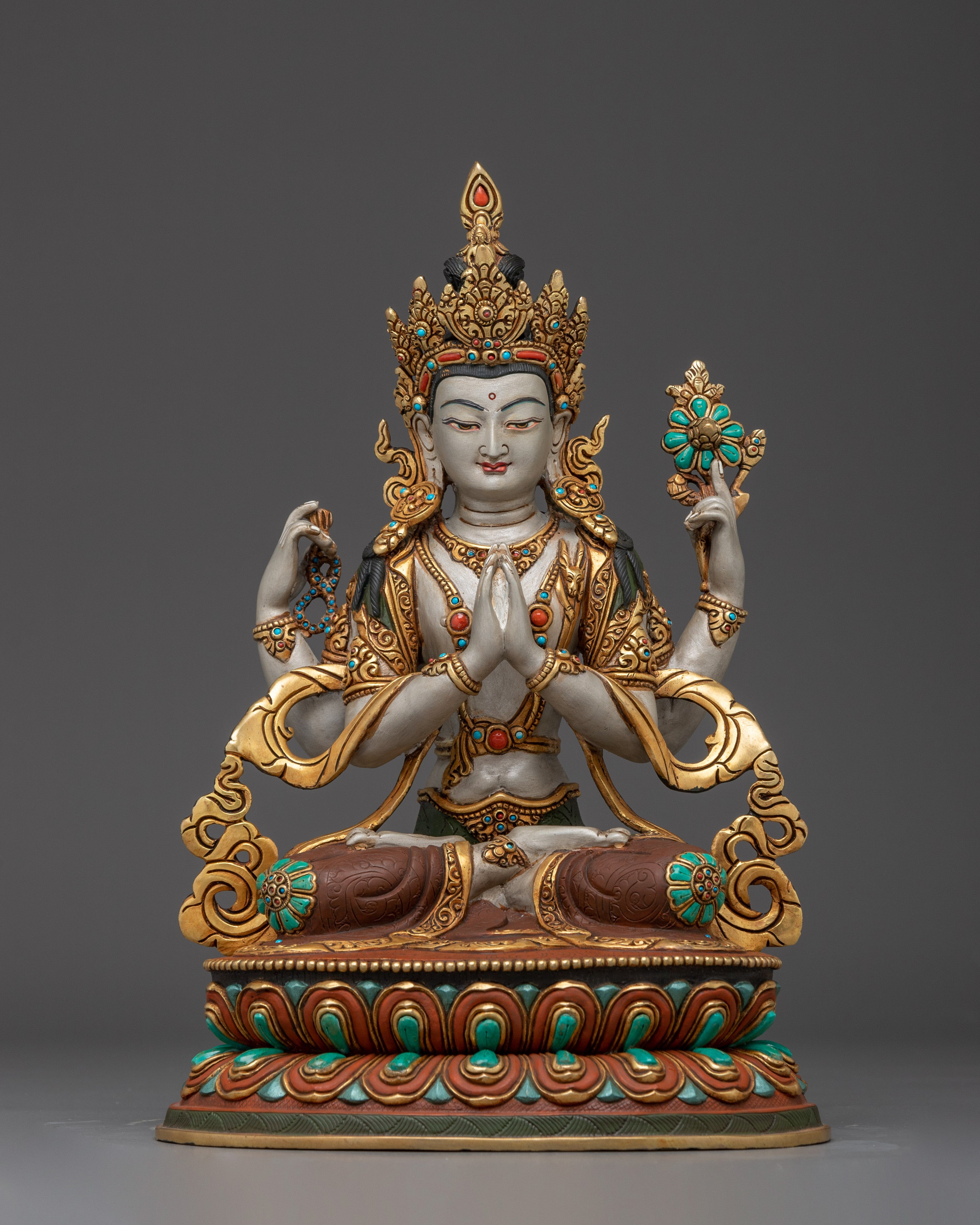 Chenrezig Statue in Gold and Copper Deity 