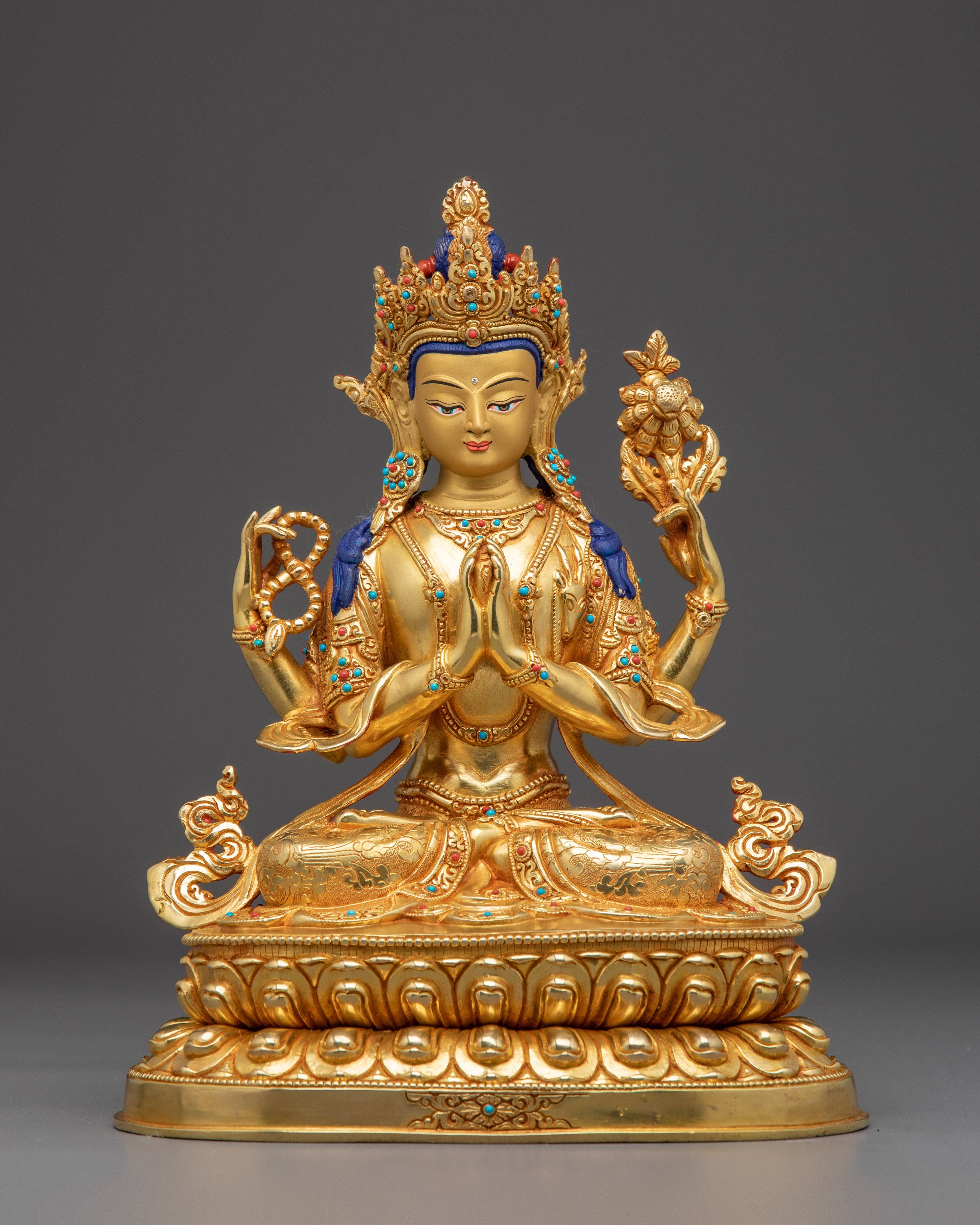 24K Gold Gilded Copper Deity Chenrezig Statue 