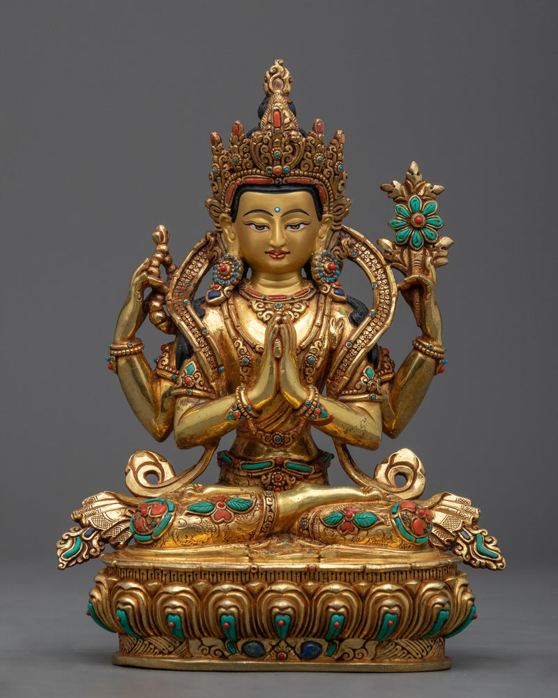 Four-Arm Chenrezig Sculpture | Elevate Your Shrine with our Gold Gilde