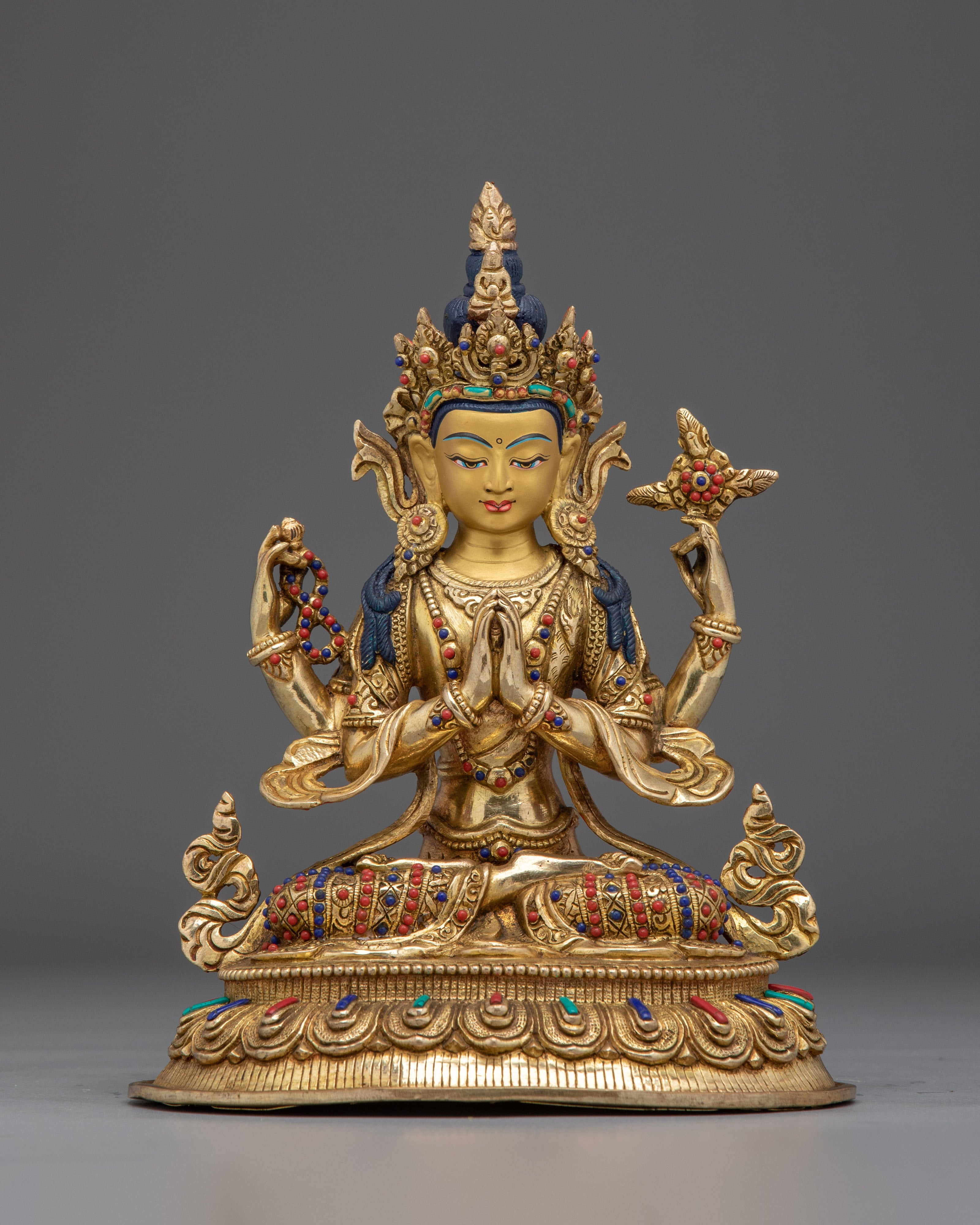 Chenrezig Buddha Copper and Gemstones Statue