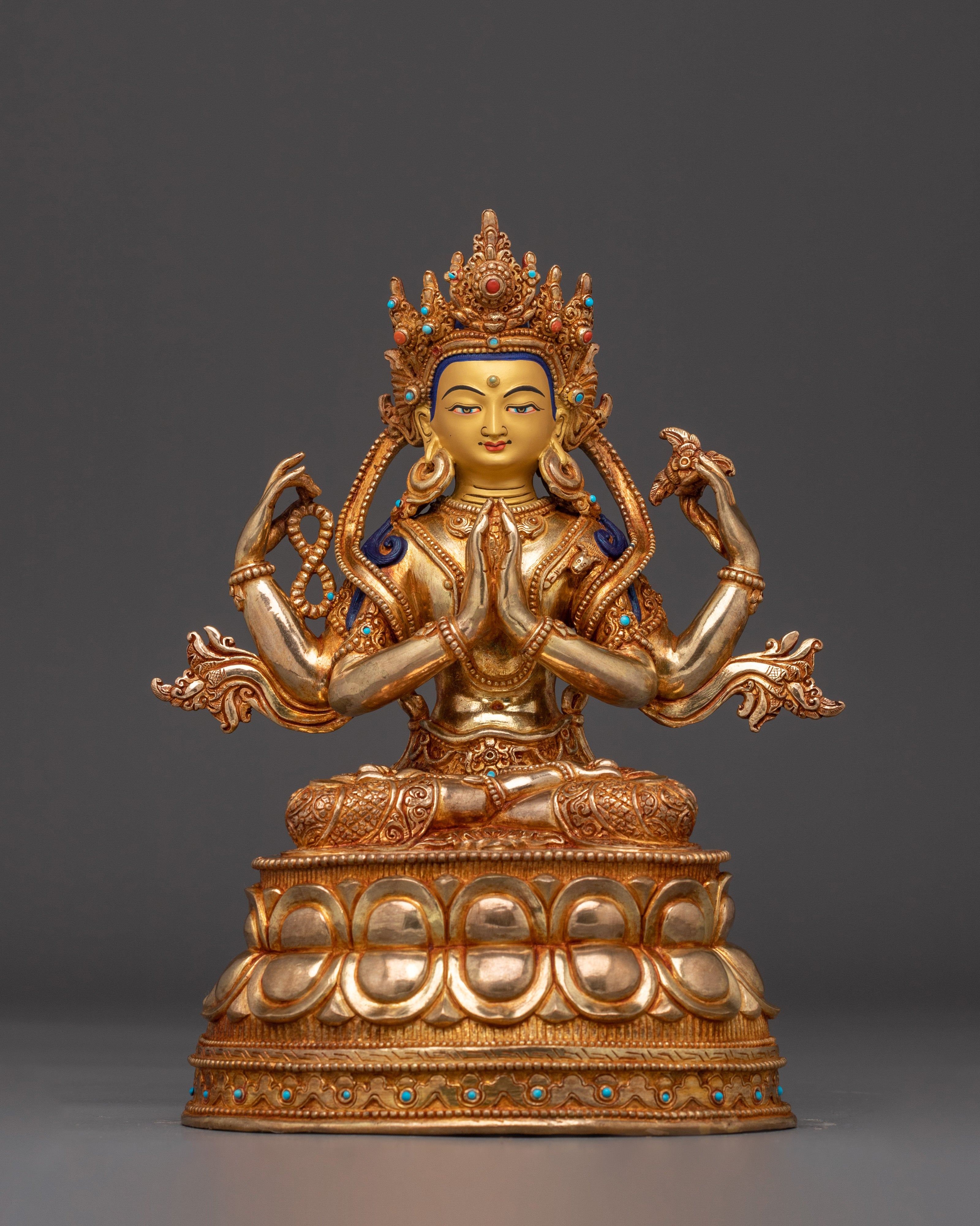 24K Gold Gilded Copper Avalokiteshvara Sculpture
