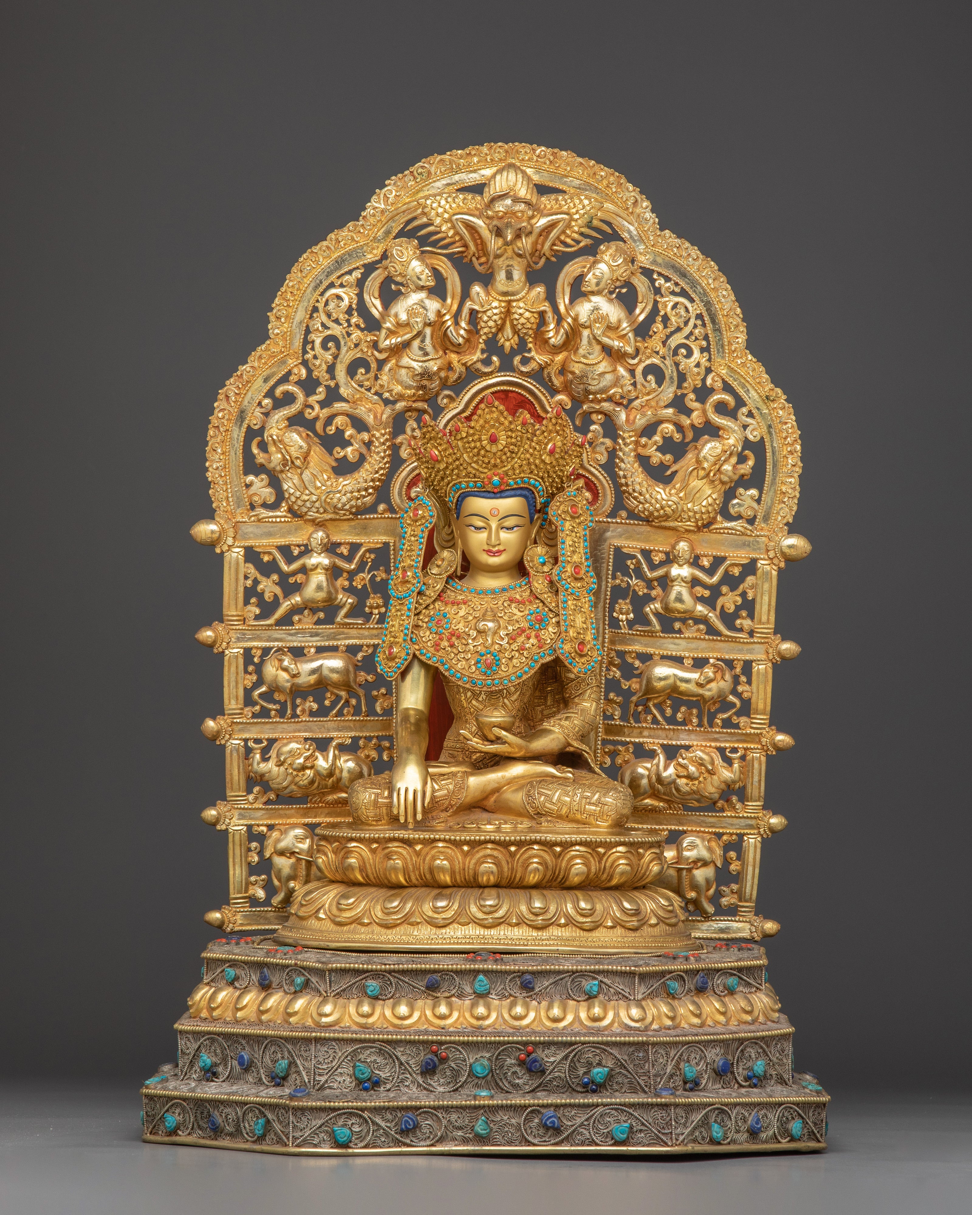 Crowned Shakyamuni Buddha on Throne Statue