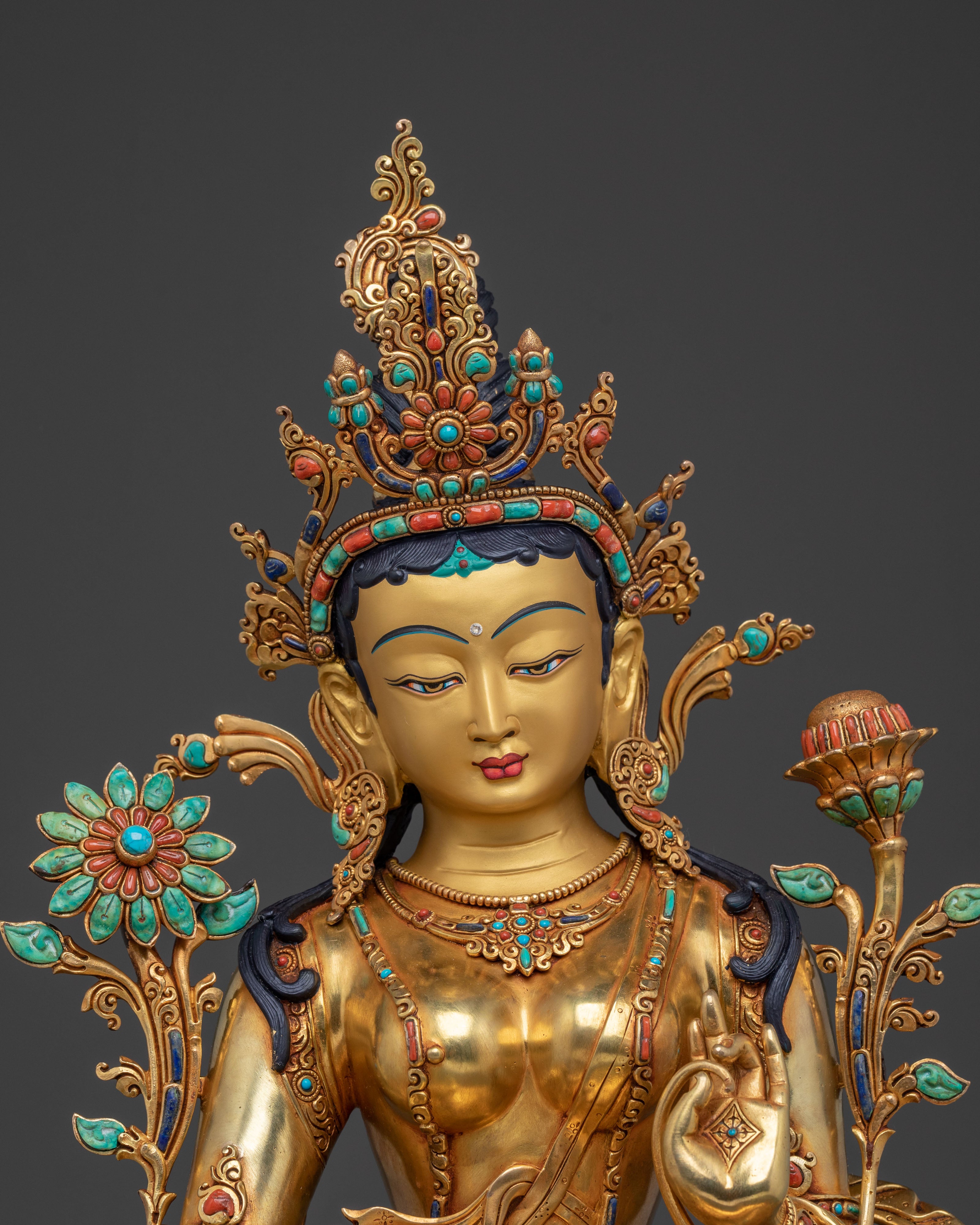 Majestic Green Tara Statue with Throne: 24K Gold Gilded