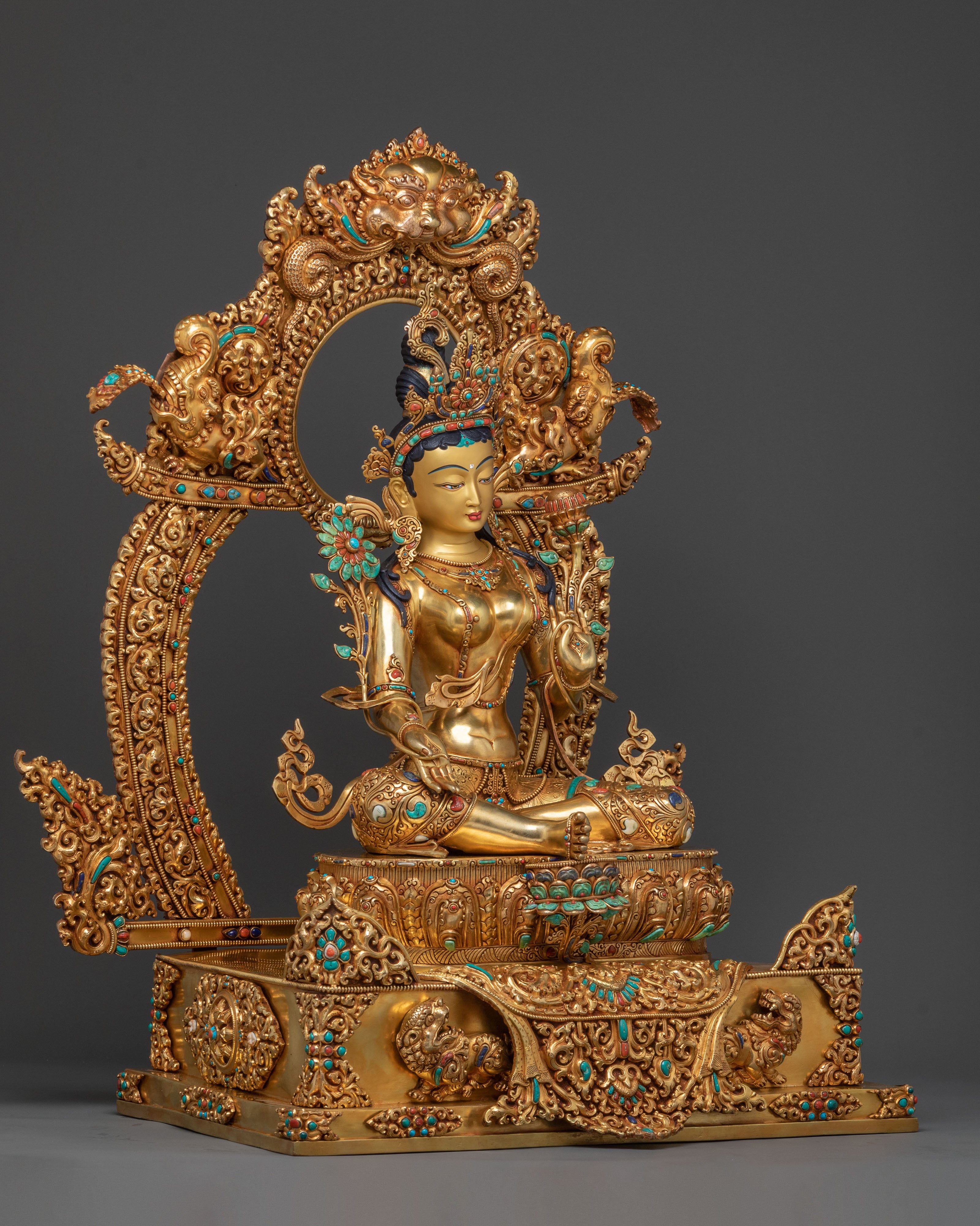 Majestic Green Tara Statue with Throne: 24K Gold Gilded