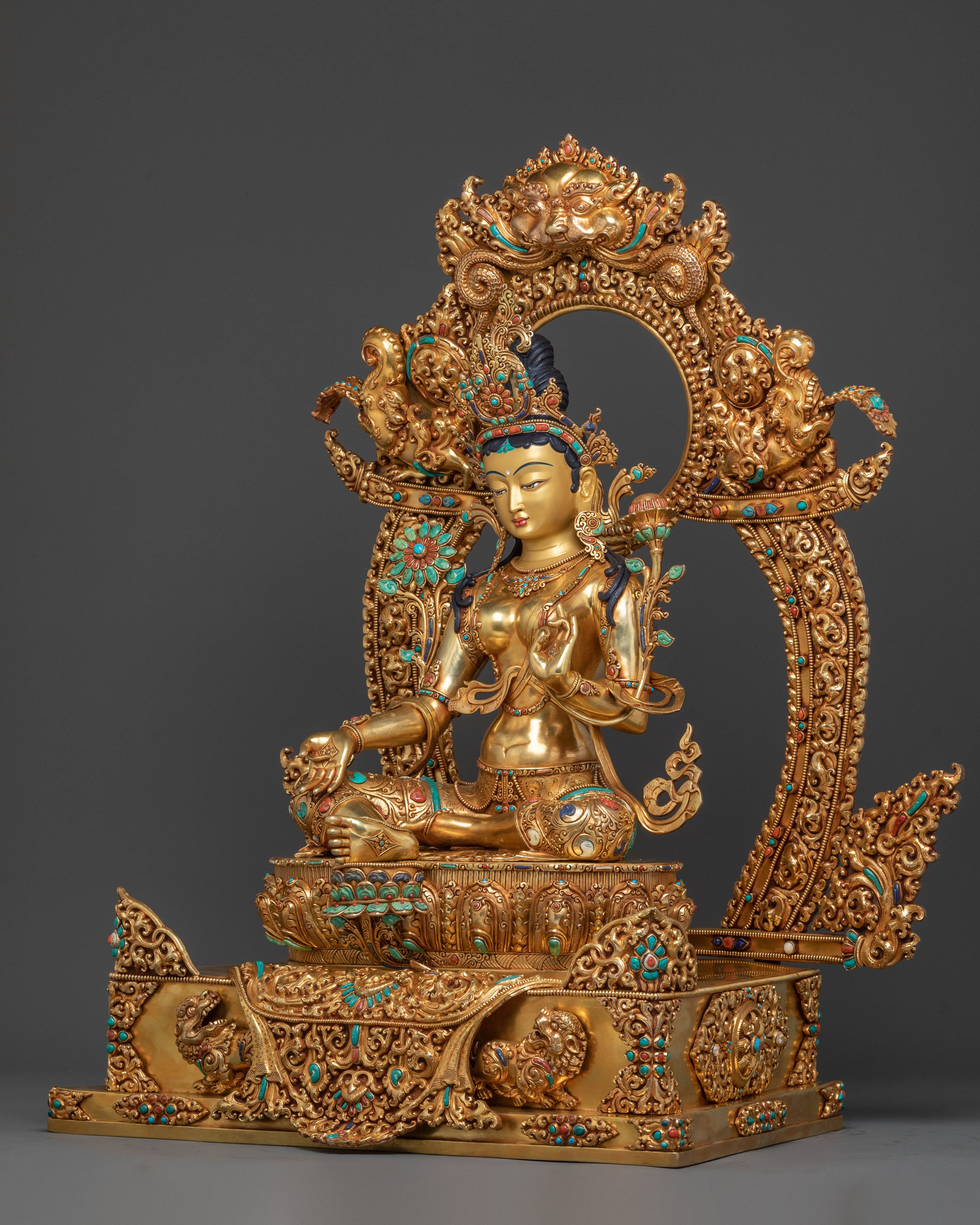 Majestic Green Tara Statue with Throne: 24K Gold Gilded