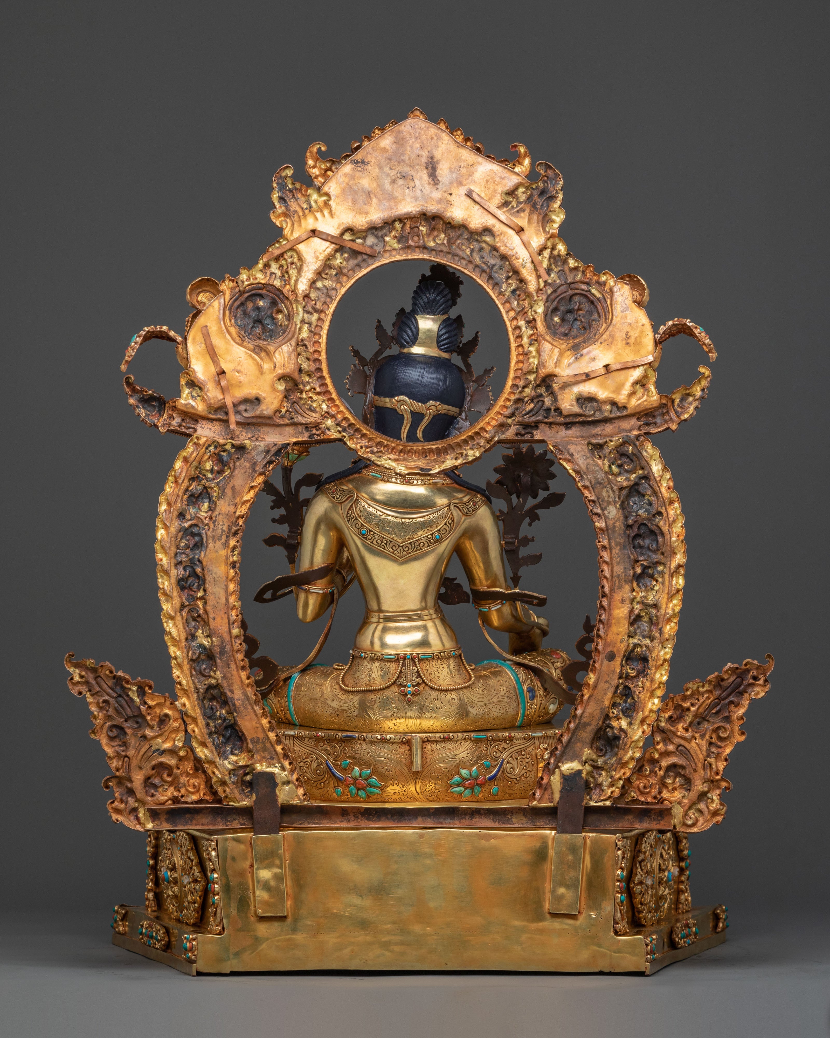 Majestic Green Tara Statue with Throne: 24K Gold Gilded