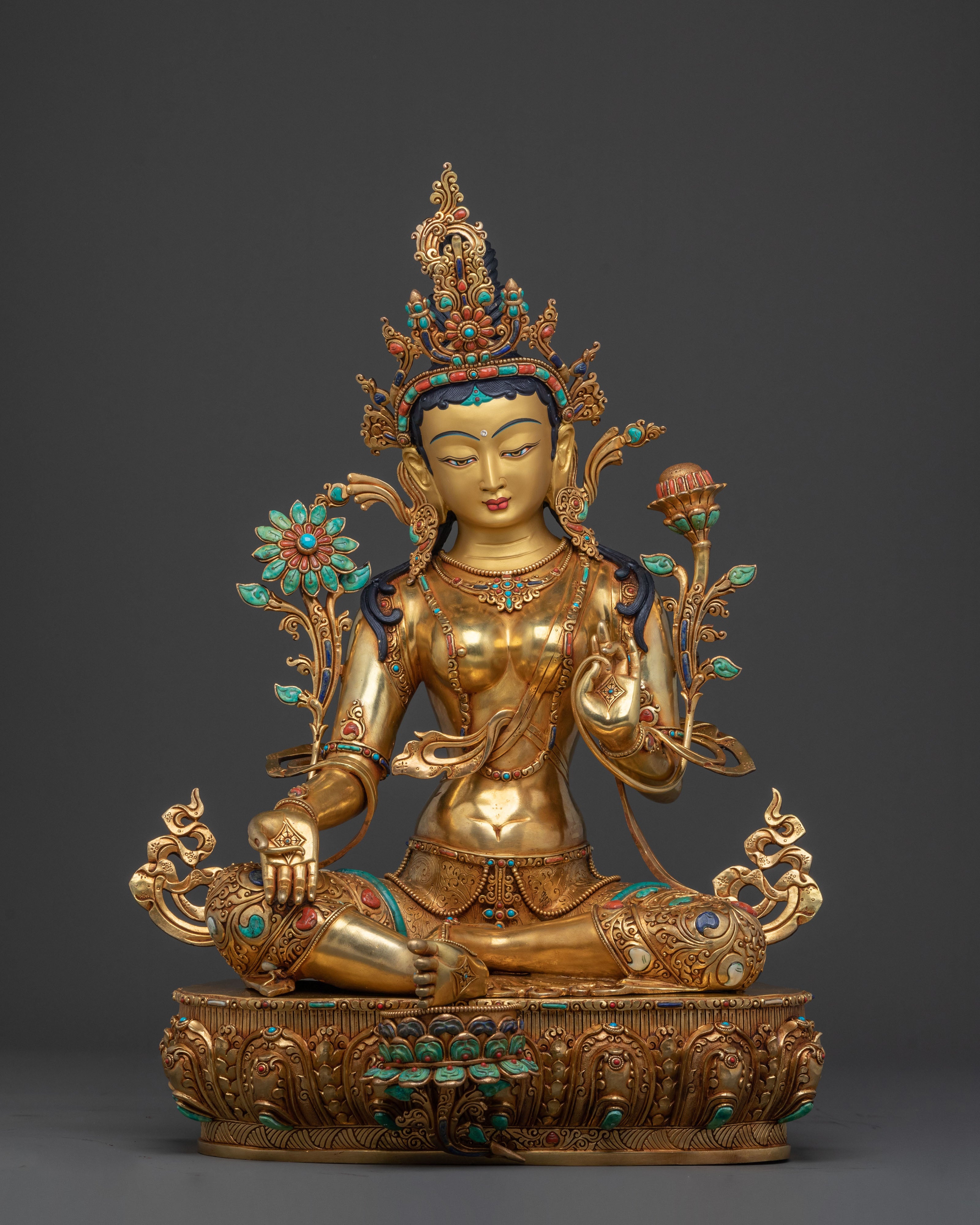 Majestic Green Tara Statue with Throne: 24K Gold Gilded