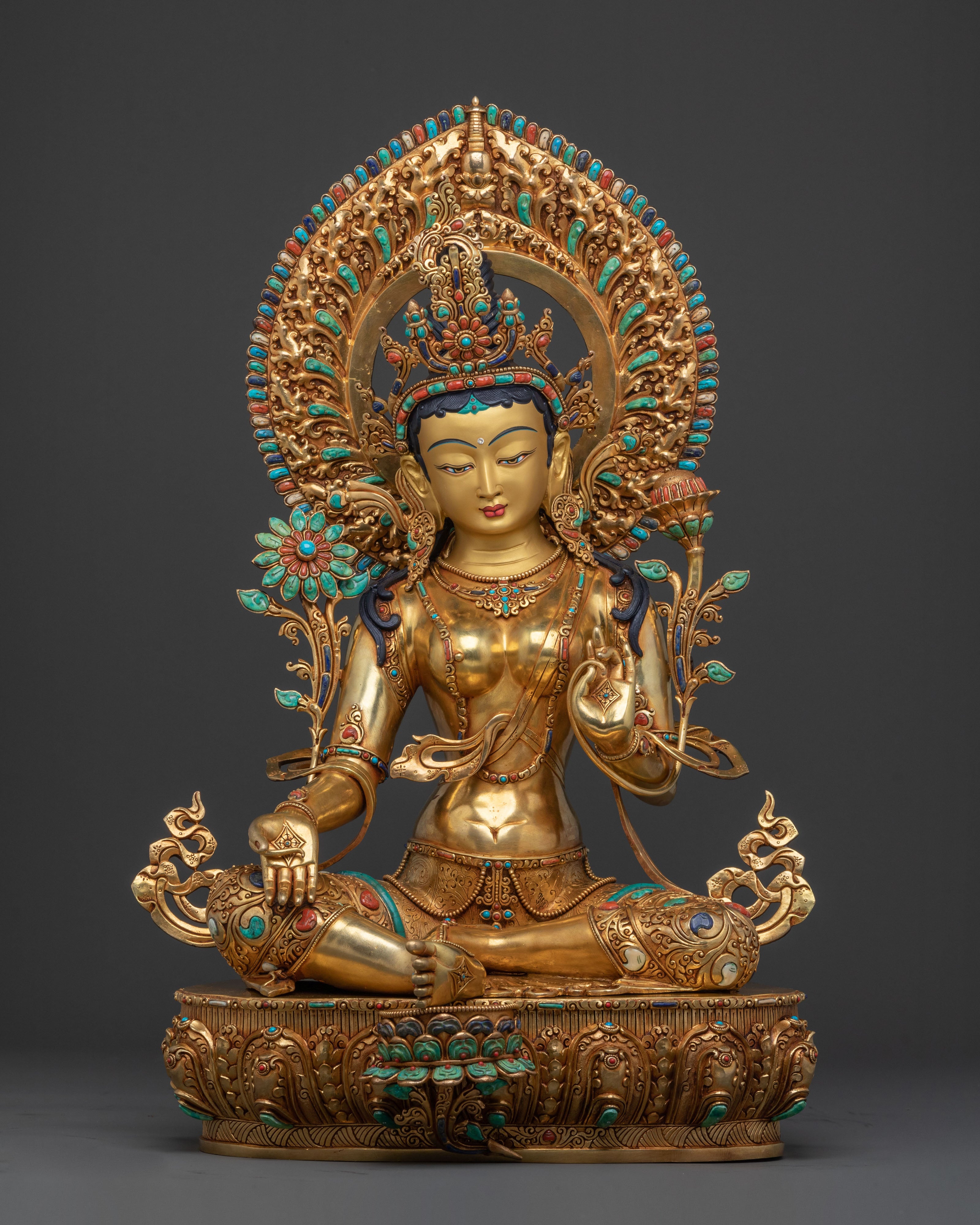 Majestic Green Tara Statue with Throne: 24K Gold Gilded