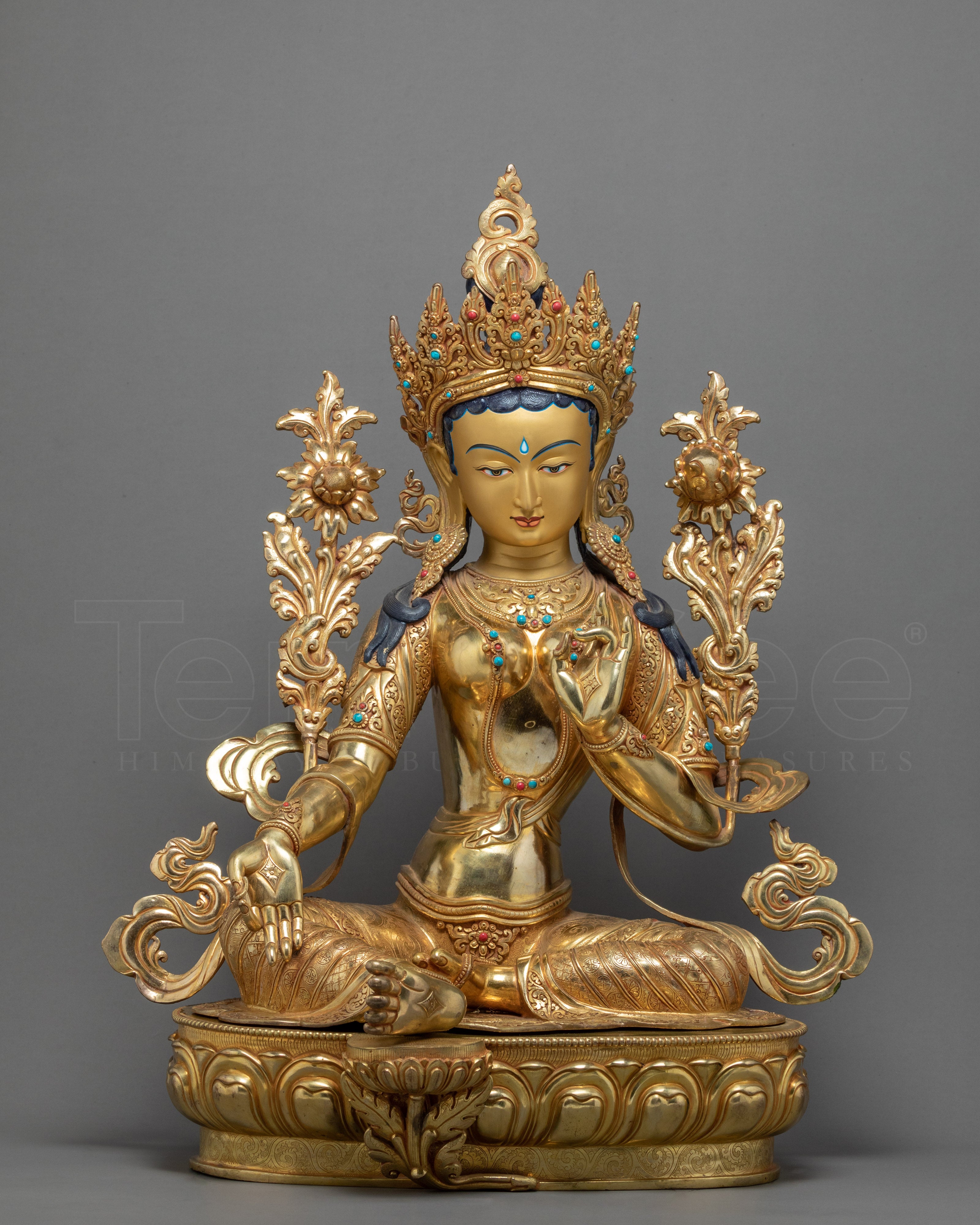 Large Green Tara Gold Statue | Hand carved Mother Tara Sculpture