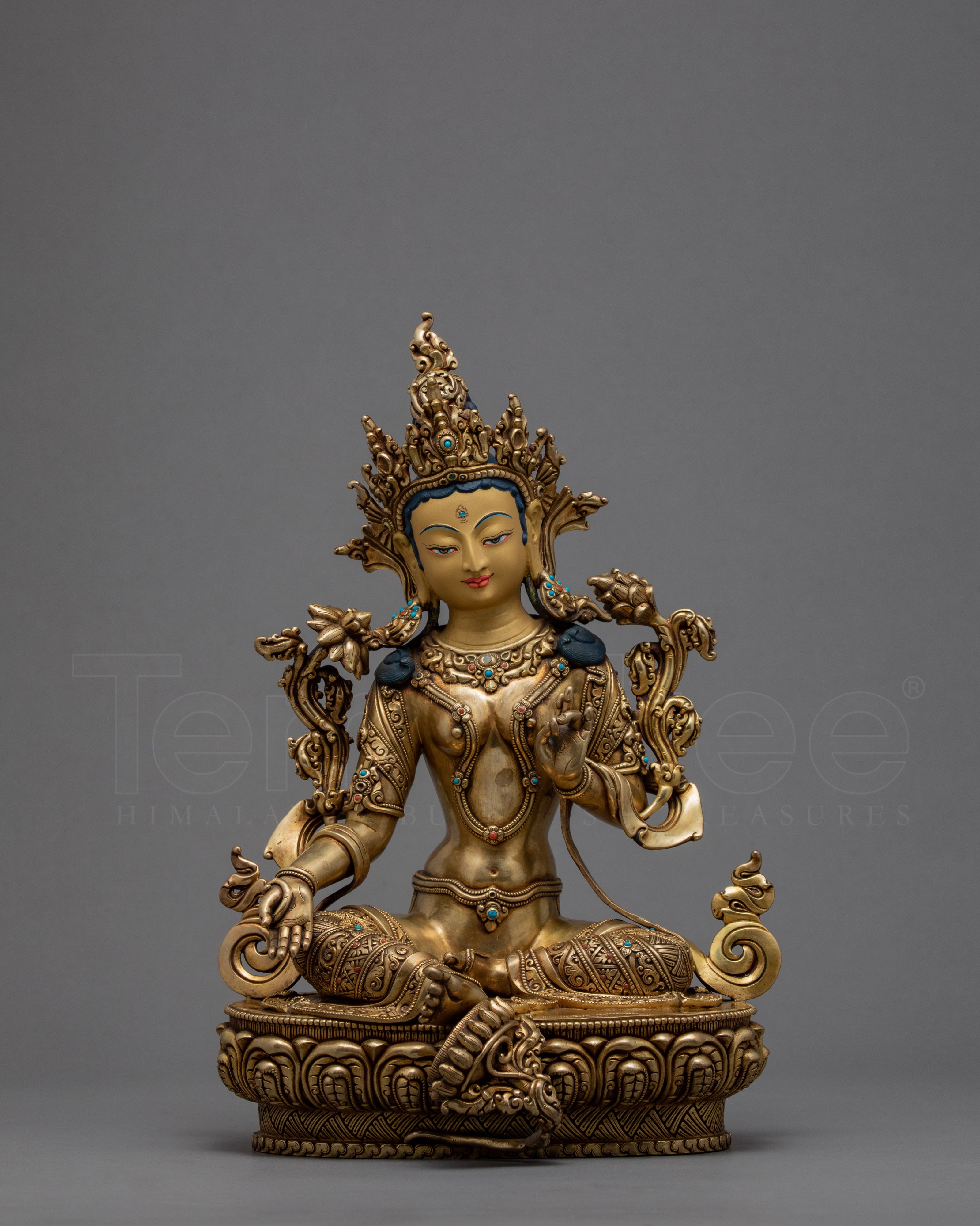 Mother Green Tara Statue | Gold Gilded Tibetan Bodhisattva