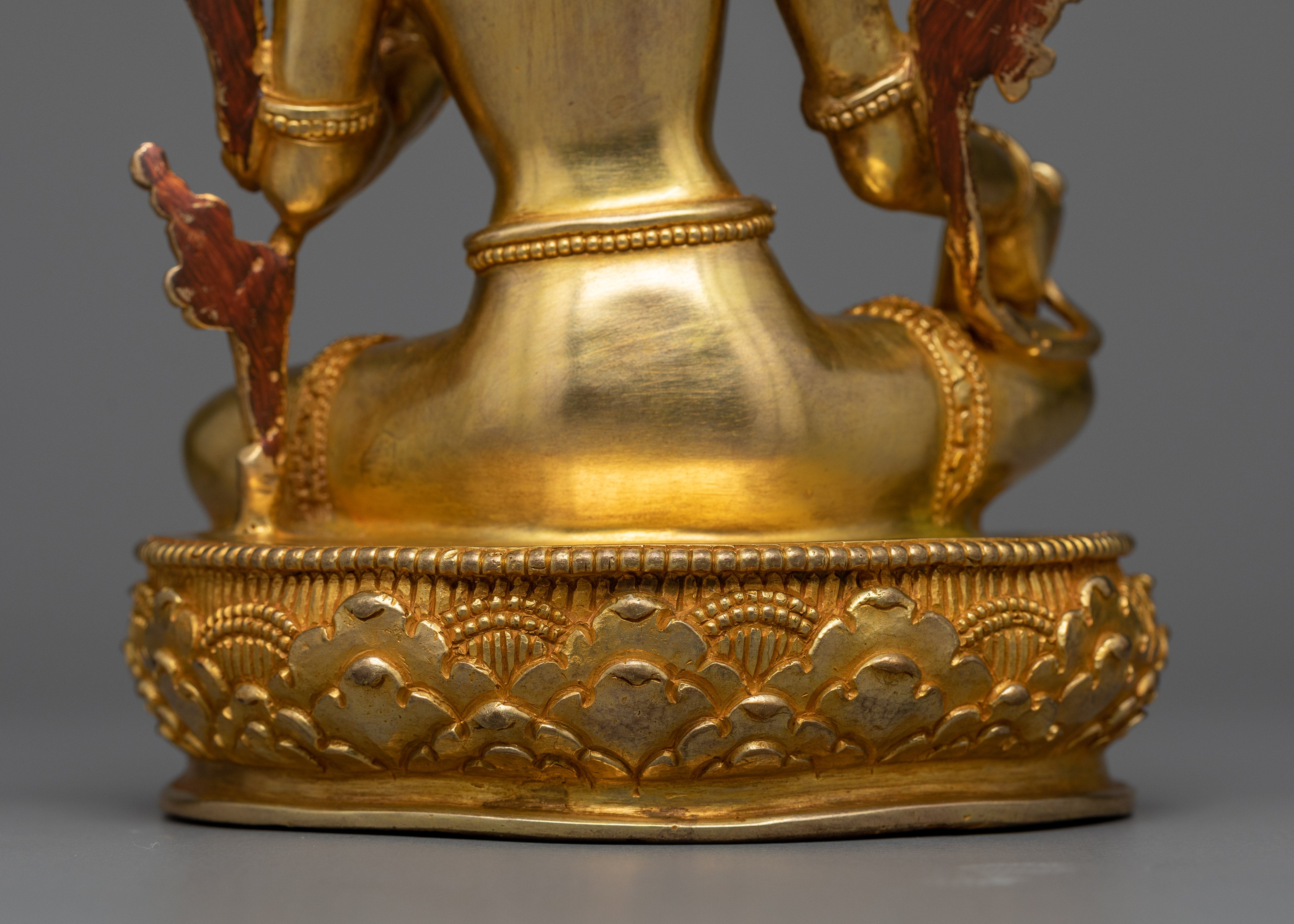 Elegant Green Tara Buddha Statuette in 24K Gold | Nepalese Traditional Artwork