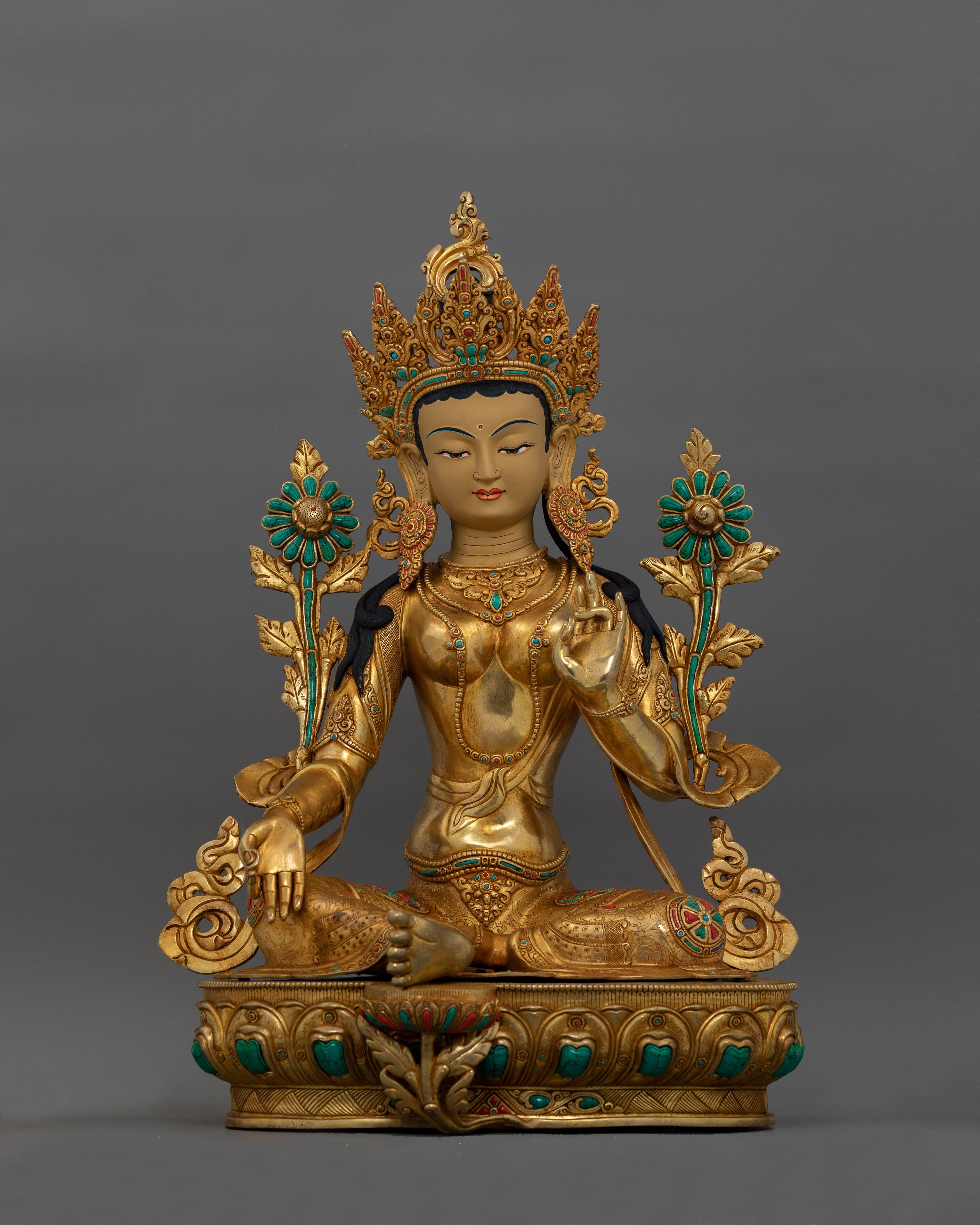 24K Gold Gilded Green Tara Tibetan Goddess | Compassionate Buddha