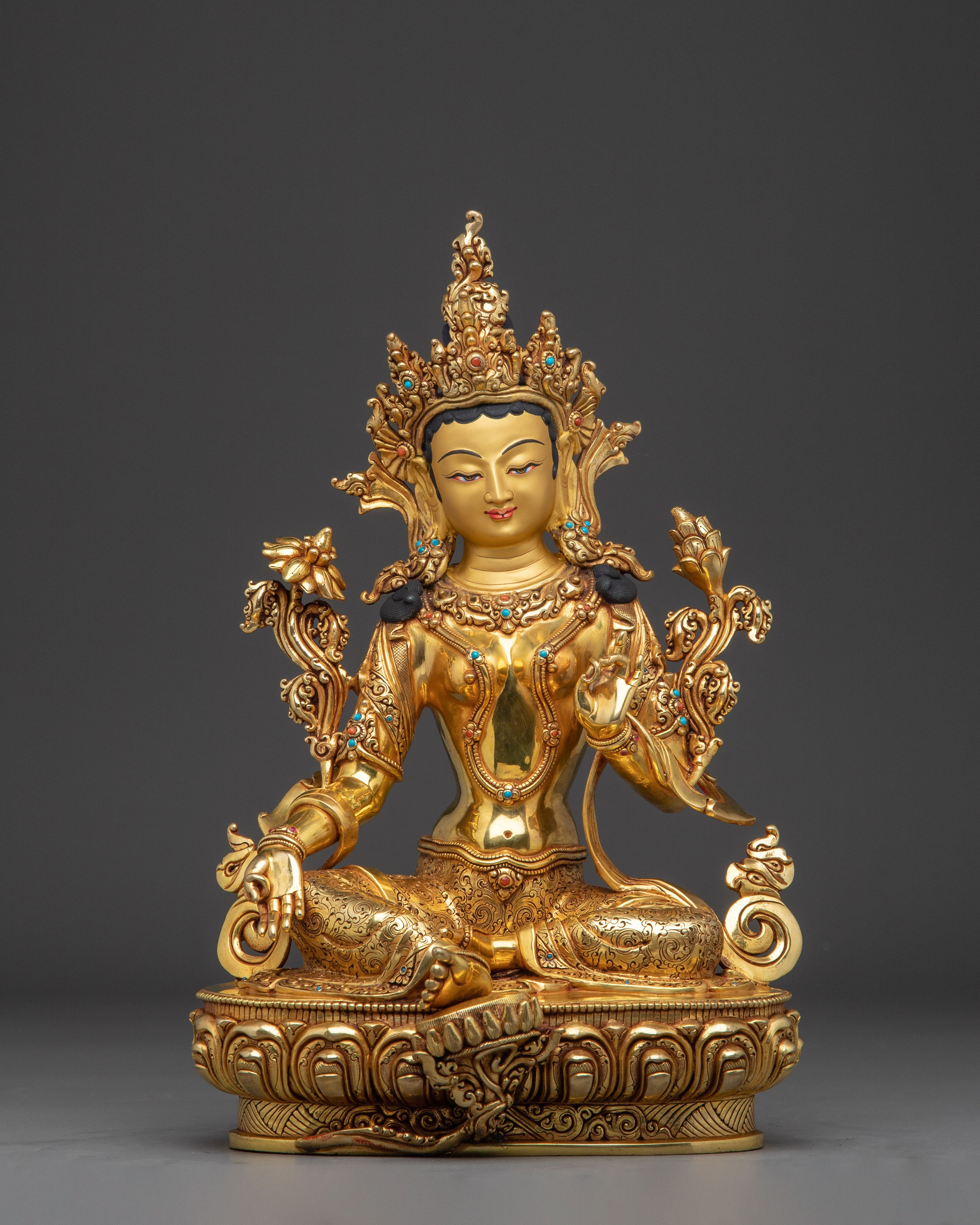 Elegant 24K gold-gilded Green Tara statue