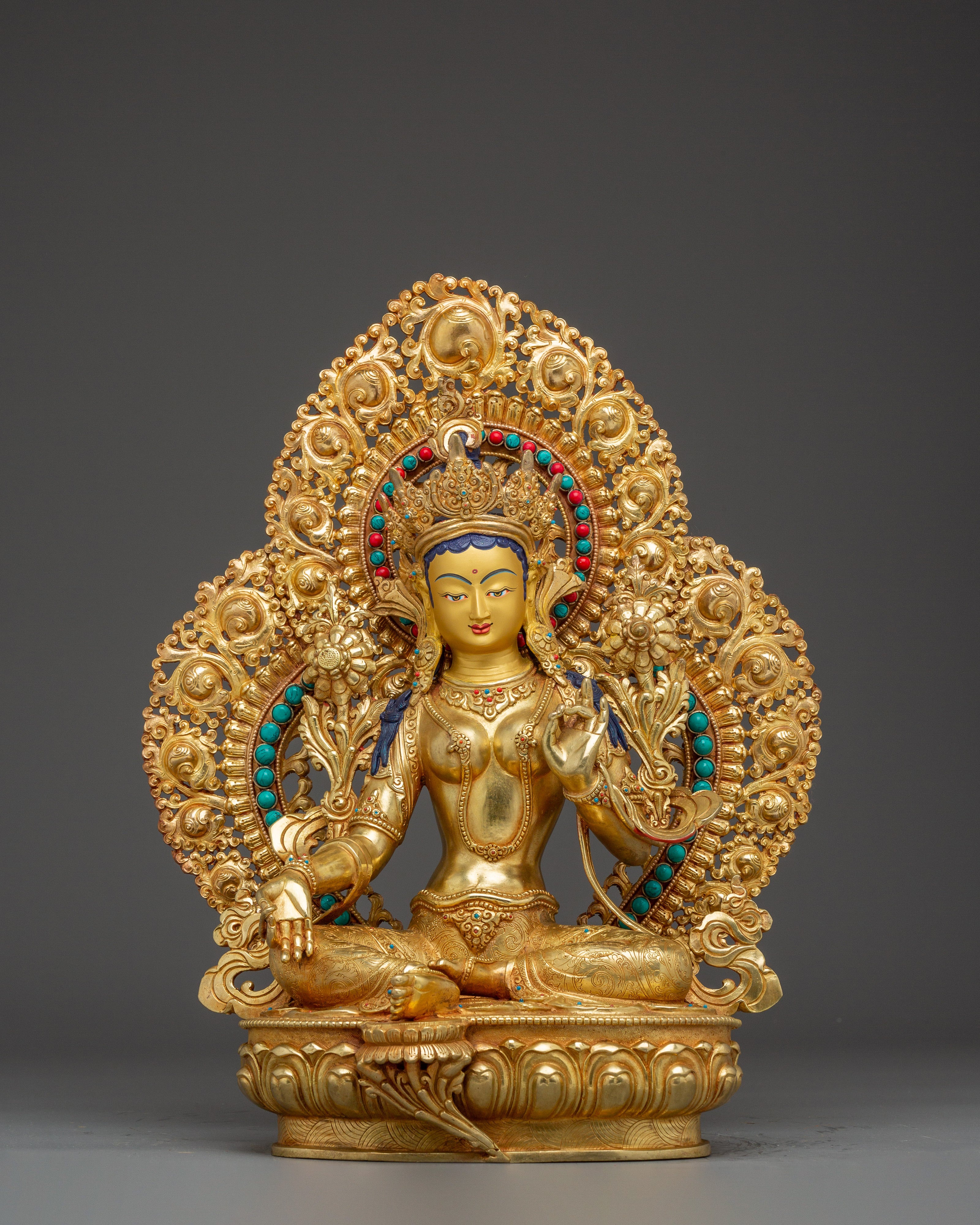 Green Tara statue with Gemstones