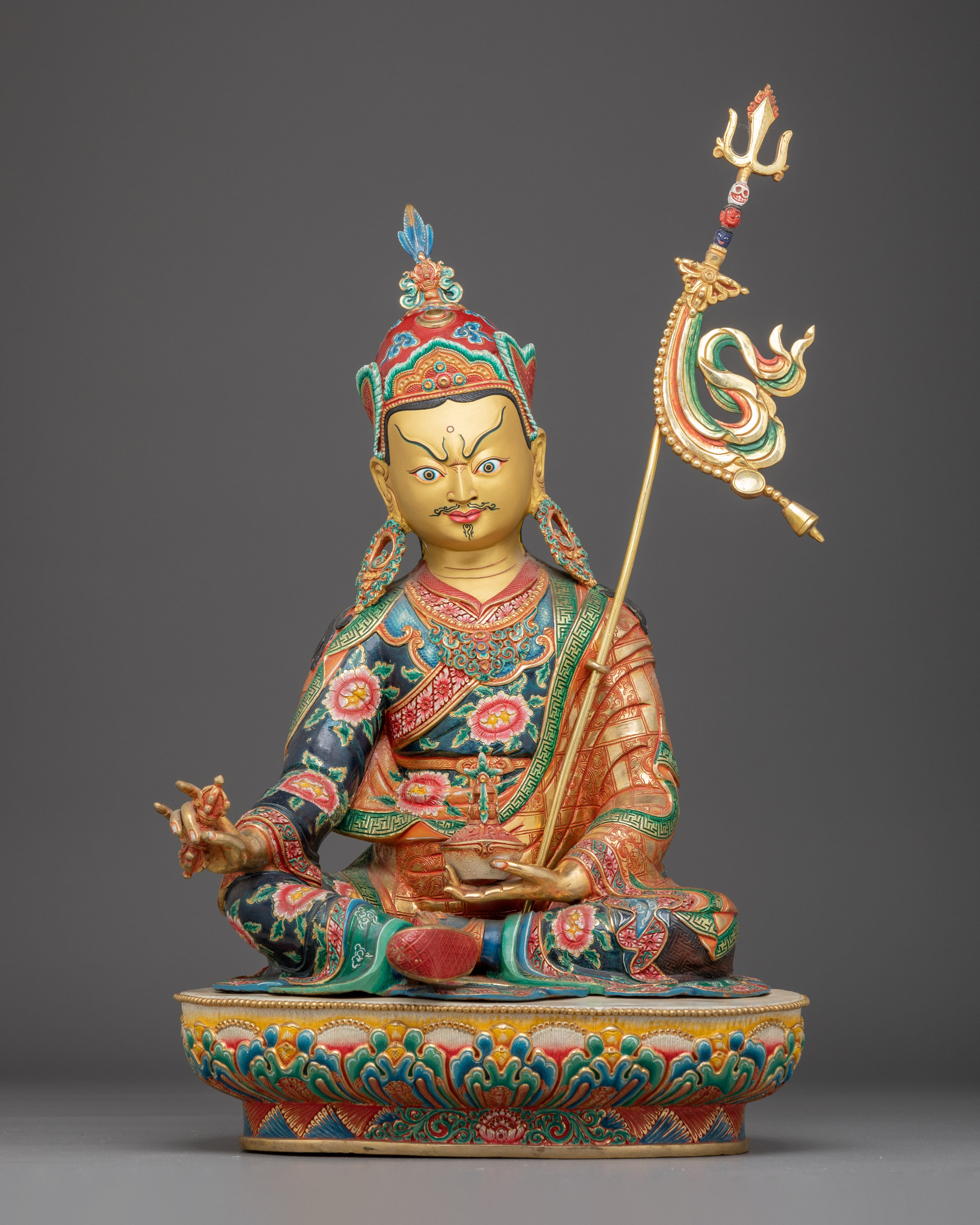 Colorful Guru Rinpoche Statue in 24K Gold 