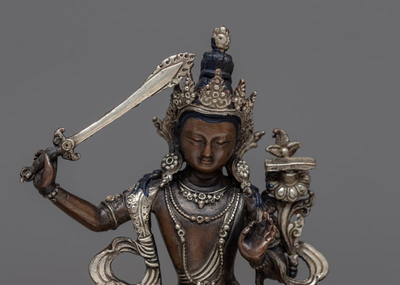 Small Manjushri Sculpture | Silver-Plated Emblem of Wisdom