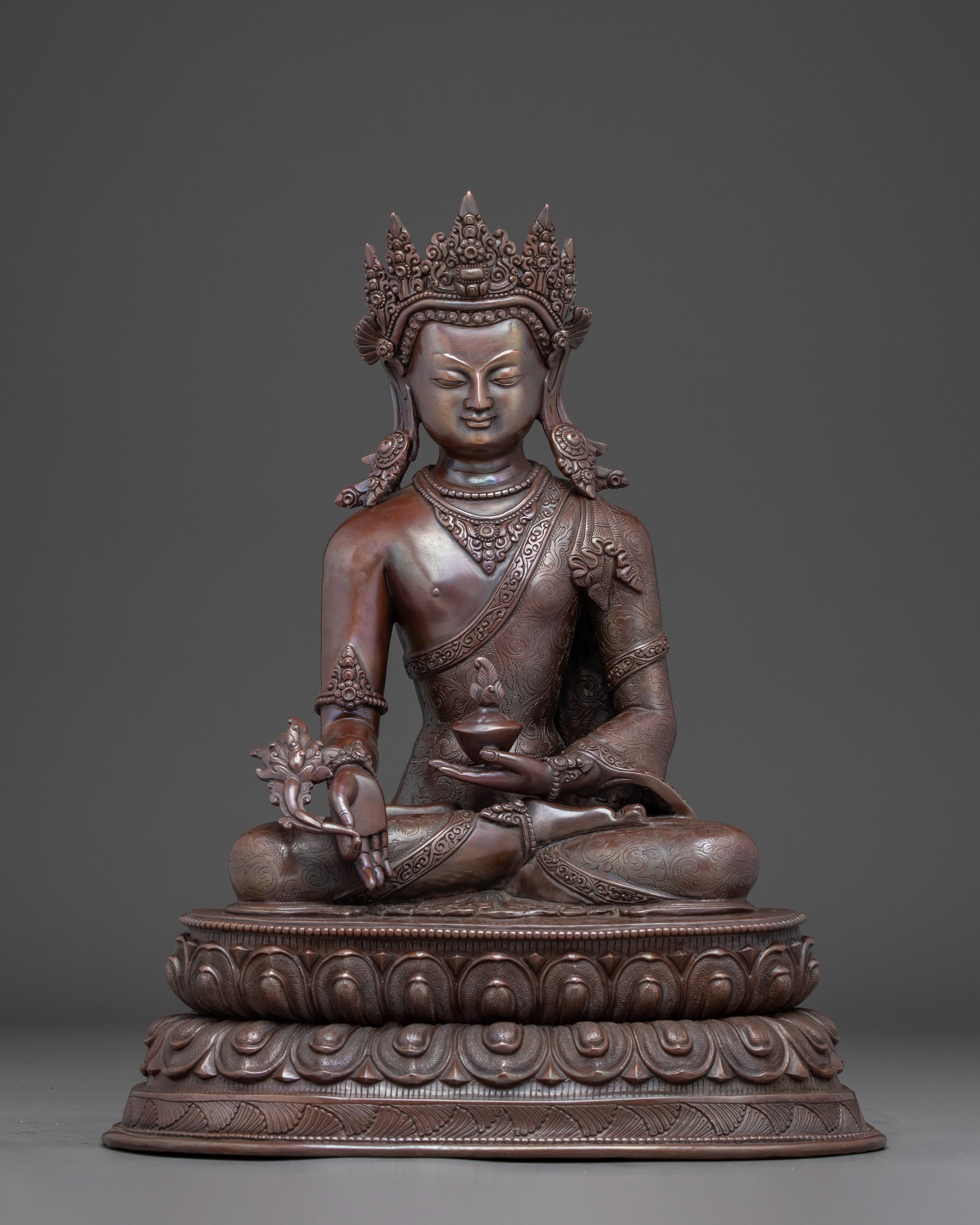 Oxidized Statue of Crowned Medicine Buddha